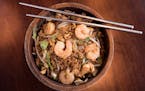 Jun's fried rice with eggs, onion, bean sprouts and shrimp.