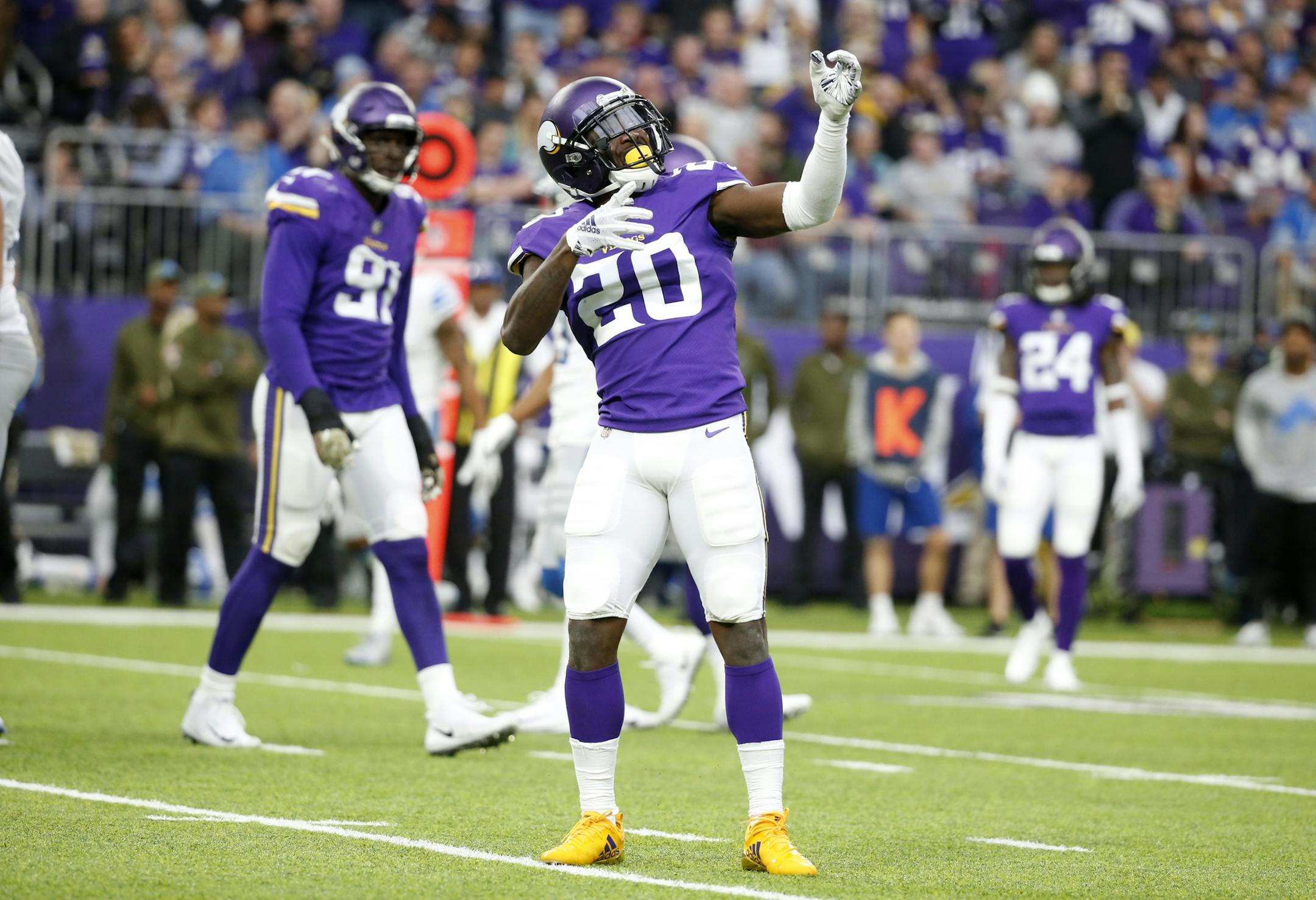 Minnesota Vikings cornerback Mackensie Alexander celebrates after sacking Detroit Lions quarterback Matthew Stafford during the second half of an NFL football game, Sunday, Nov. 4, 2018, in Minneapolis. (AP Photo/Bruce Kluckhohn)