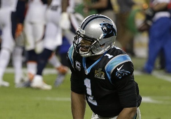 Panthers quarterback Cam Newton reacted after losing a fumble during the second half of Carolina's 24-10 loss to the Denver Broncos in Super Bowl 50 o