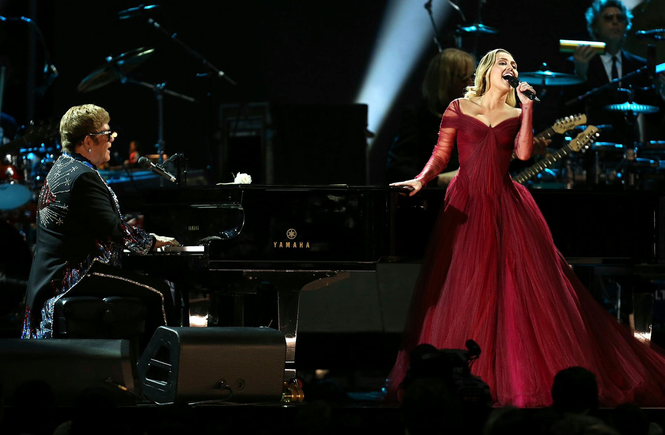 Elton John and Miley Cyrus perform "Tiny Dancer" at the 60th annual Grammy Awards at Madison Square Garden on Sunday, Jan. 28, 2018, in New York.