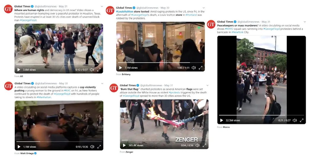 Screenshots of tweets compiled by the Alliance for Securing Democracy show news reports from China seeking to tap into unrest here. 