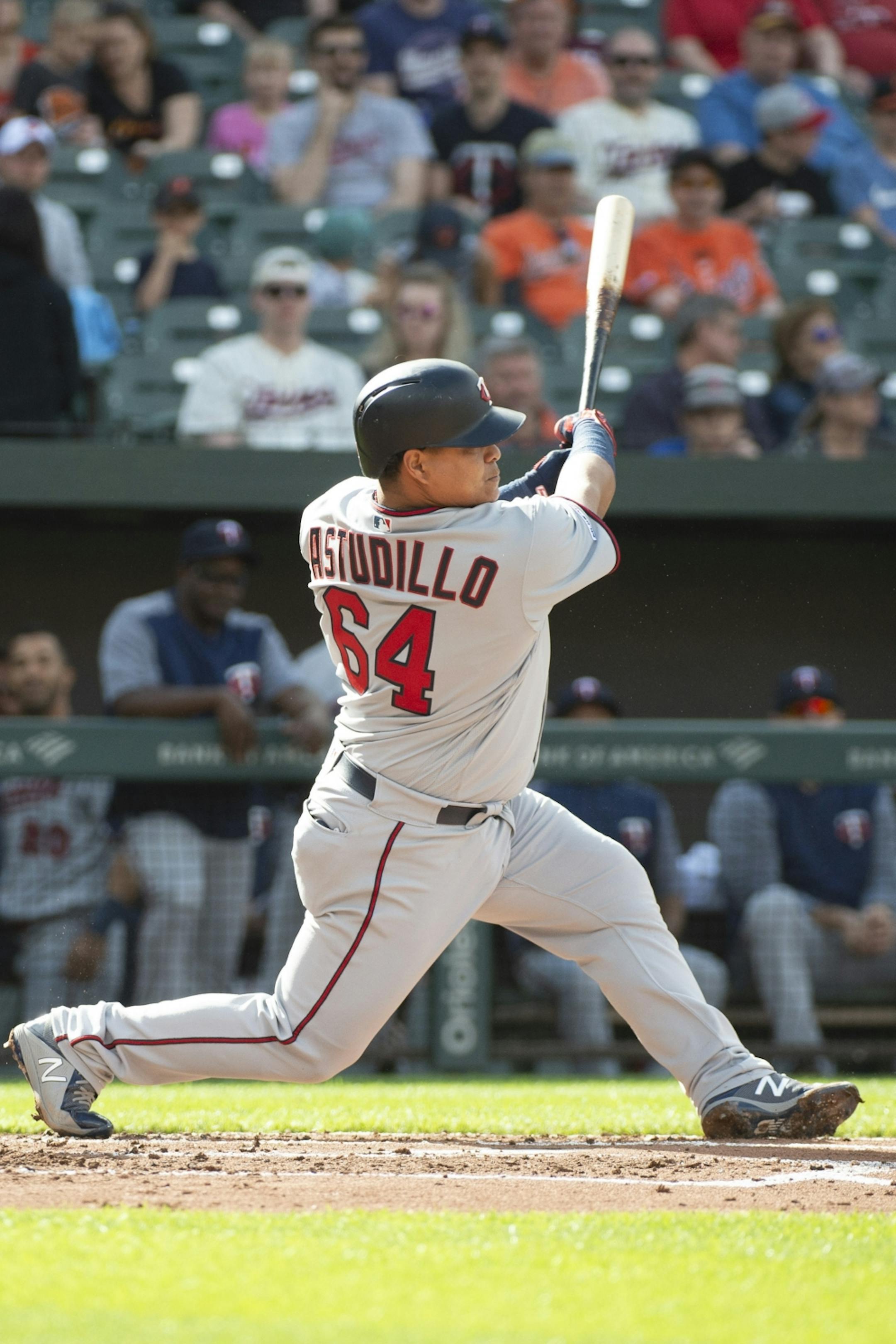 Minnesota Twins' Willians Astudillo (64) hits a home run in the second inning of a baseball game against the Baltimore Orioles, Saturday, April 20, 2019, in Baltimore.