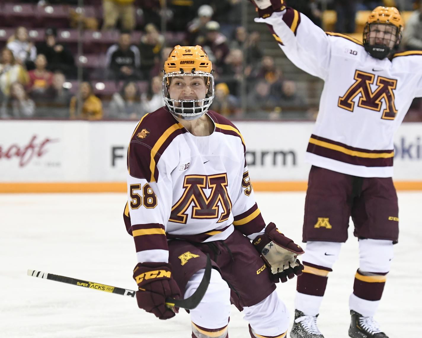 Minnesota Gophers forward Sampo Ranta (58) celebrated his second period goal with forward Ben Meyers (39), right, against the Michigan State Spartans. ] Aaron Lavinsky • aaron.lavinsky@startribune.com The Minnesota Gophers played the Michigan State Spartans on Friday, Feb. 7, 2020 at the 3M Arena at Mariucci in Minneapolis, Minn.