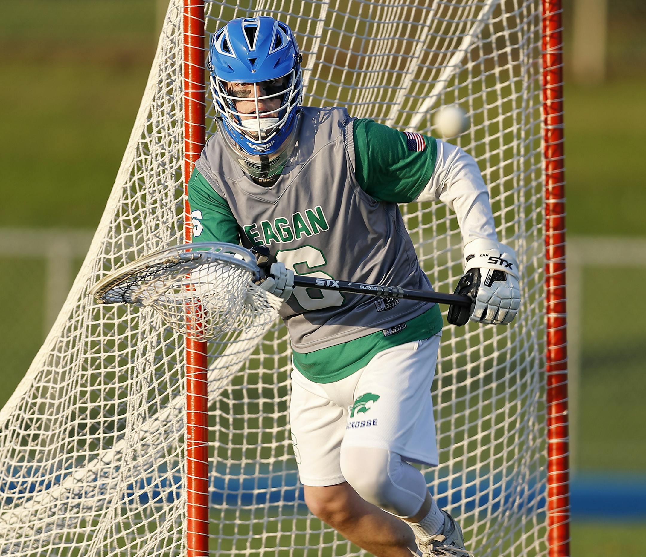 Eagan goalie John Courington blocks a shot during their game against Burnsville. ] LEILA NAVIDI ï leila.navidi@startribune.com BACKGROUND INFORMATION: The Eagan High School boys lacrosse team plays against Burnsville High School at Eagan High School on Tuesday, May 15, 2018. Eagan won the game 16-1.