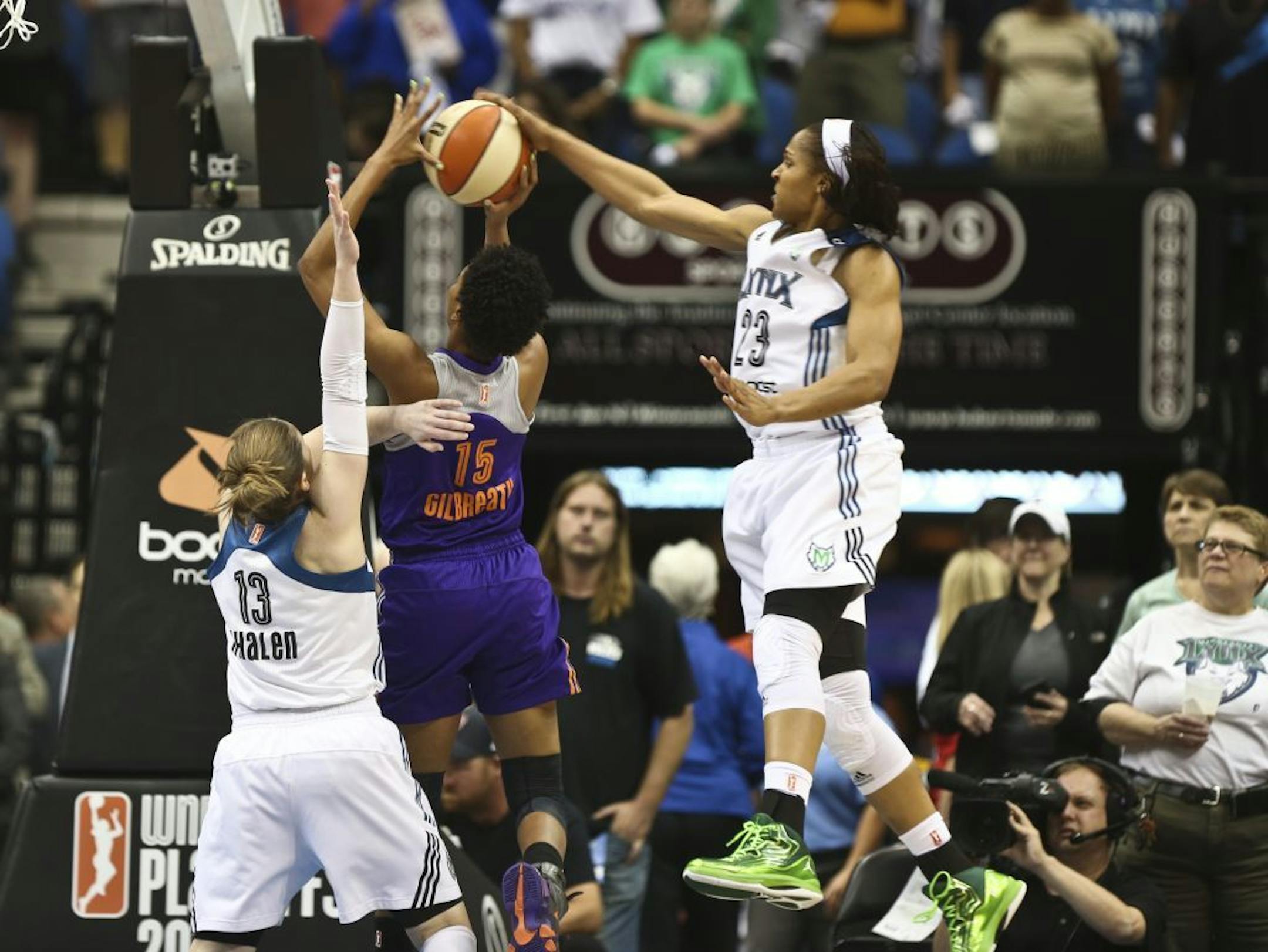 Minnesota forward Maya Moore blocked Phoenix guard Briana Gilbreath.