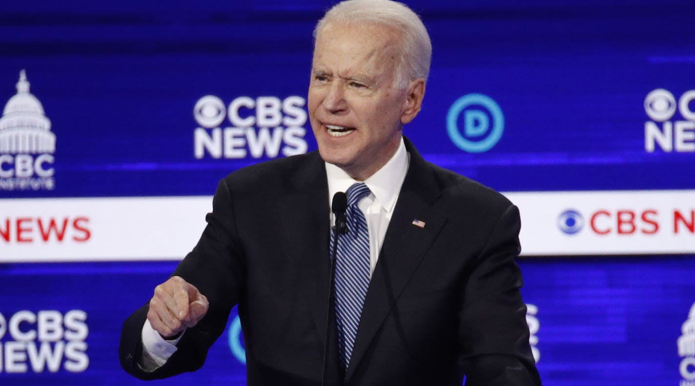 FILE - In this Feb. 25, 2020, file photo Democratic presidential candidate former Vice President Joe Biden, speaks during a Democratic presidential primary debate at the Gaillard Center in Charleston, S.C., co-hosted by CBS News and the Congressional Black Caucus Institute. The Congressional Black Caucus PAC is endorsing Joe Biden&#x2019;s presidential bid, further cementing his support among the nation&#x2019;s influential black political leadership. Black voters have long anchored the former v