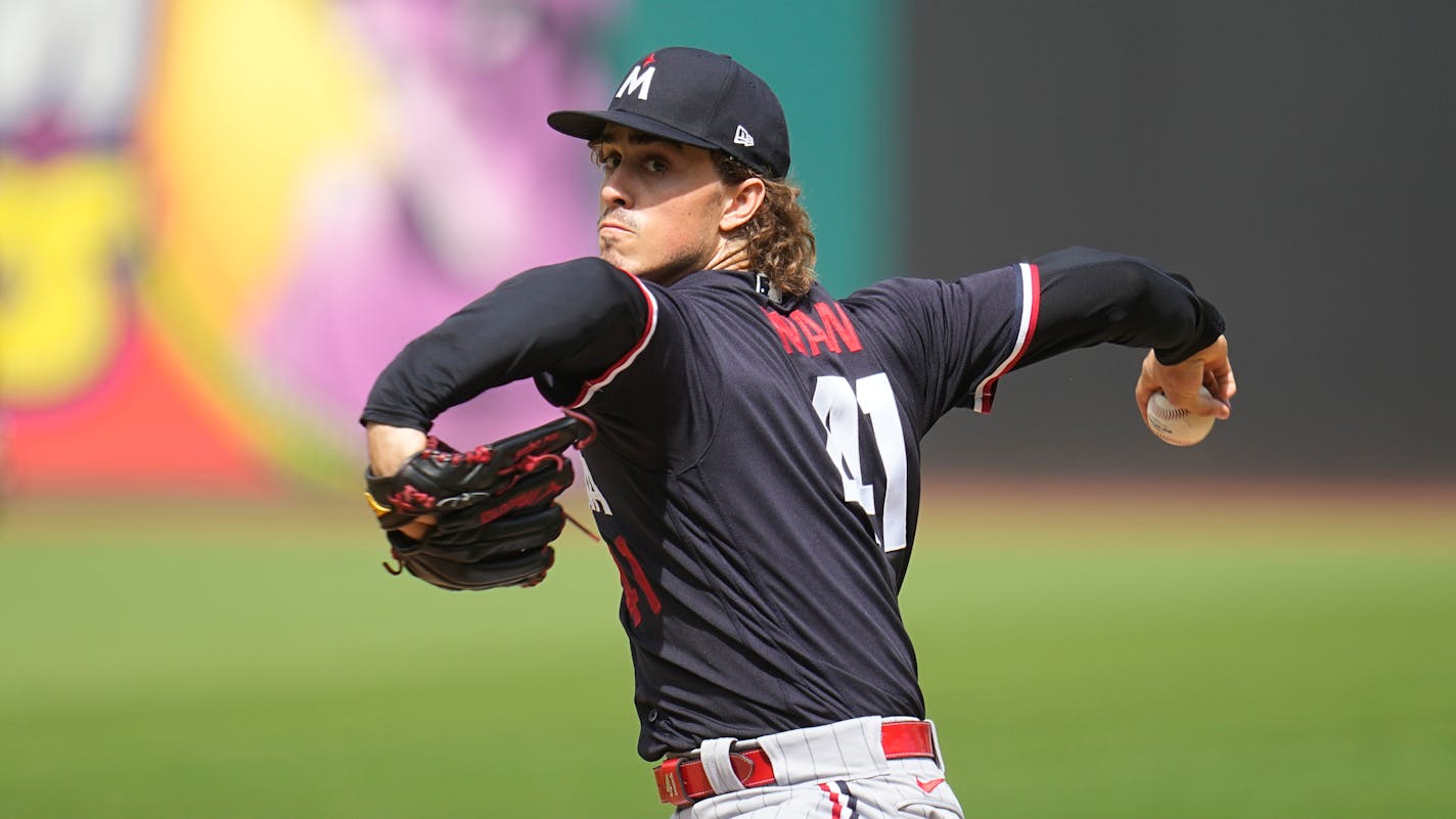 Minnesota Twins' Joe Ryan pitches in the first inning of a baseball game against the Cleveland Guardians, Wednesday, Sept. 6, 2023, in Cleveland. (AP Photo/Sue Ogrocki)