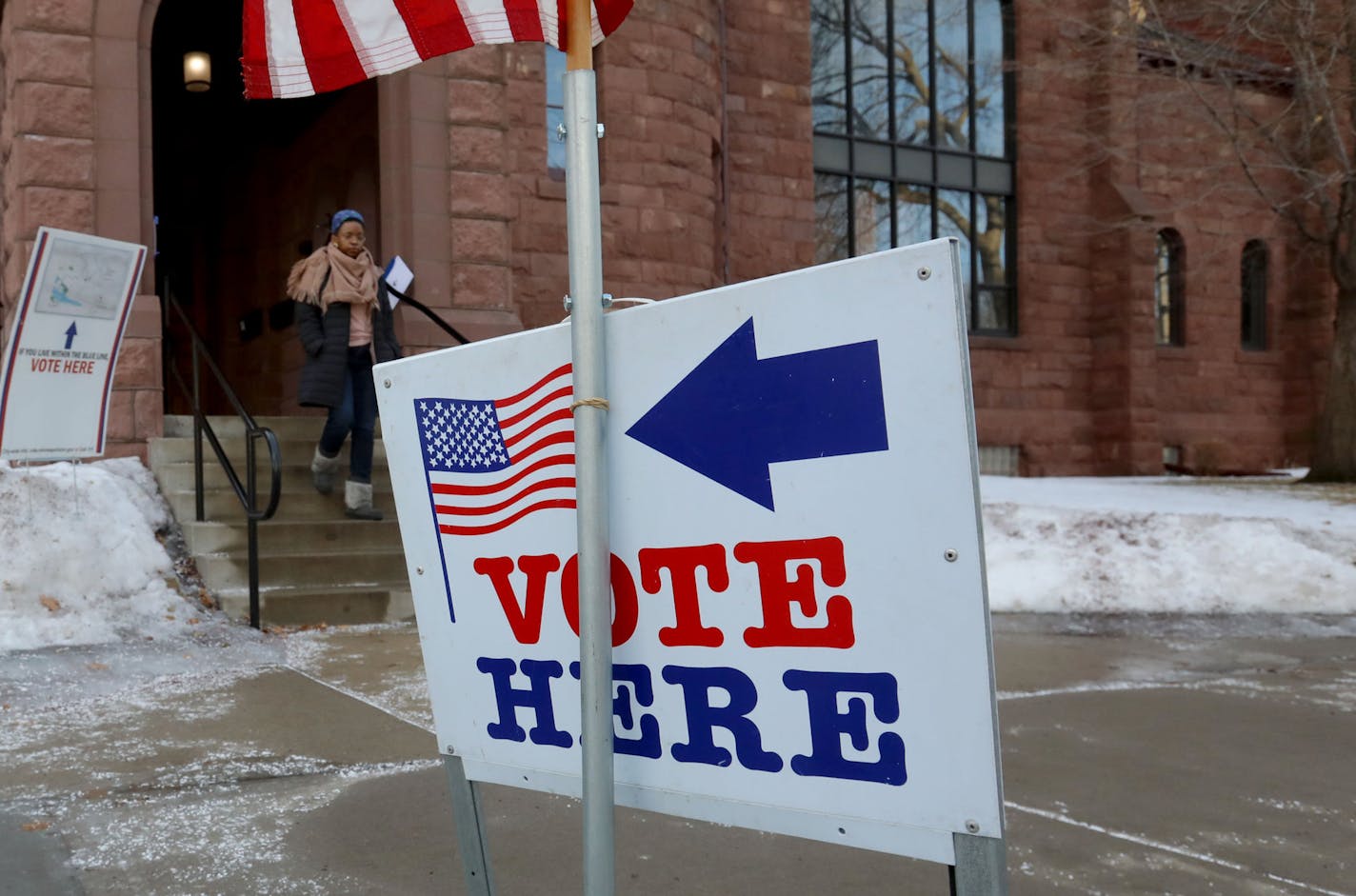 A voter leaves after casting her ballot at First Congregation Church during Minnesota's first presidential primary in decades Tuesday, March 3, 2020 in Minneapolis, MN.] DAVID JOLES • david.joles@startribune.com Sidebar focusing on turnout and how smoothly Minnesota's first presidential primary in decades goes.**Joan Kvidera ,cq