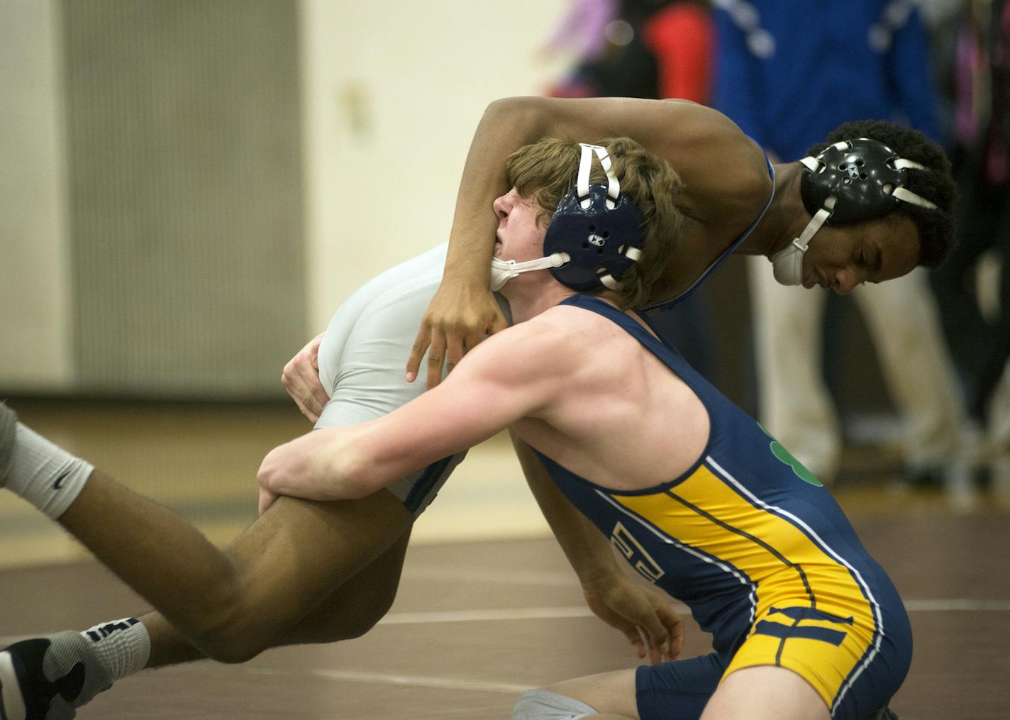 Rosemount's Adam Hedin takes down Eagan's Mohammed Ali, Thursday, at Apple Valley High School. ] (Matthew Hintz, 121015, Apple Valley)