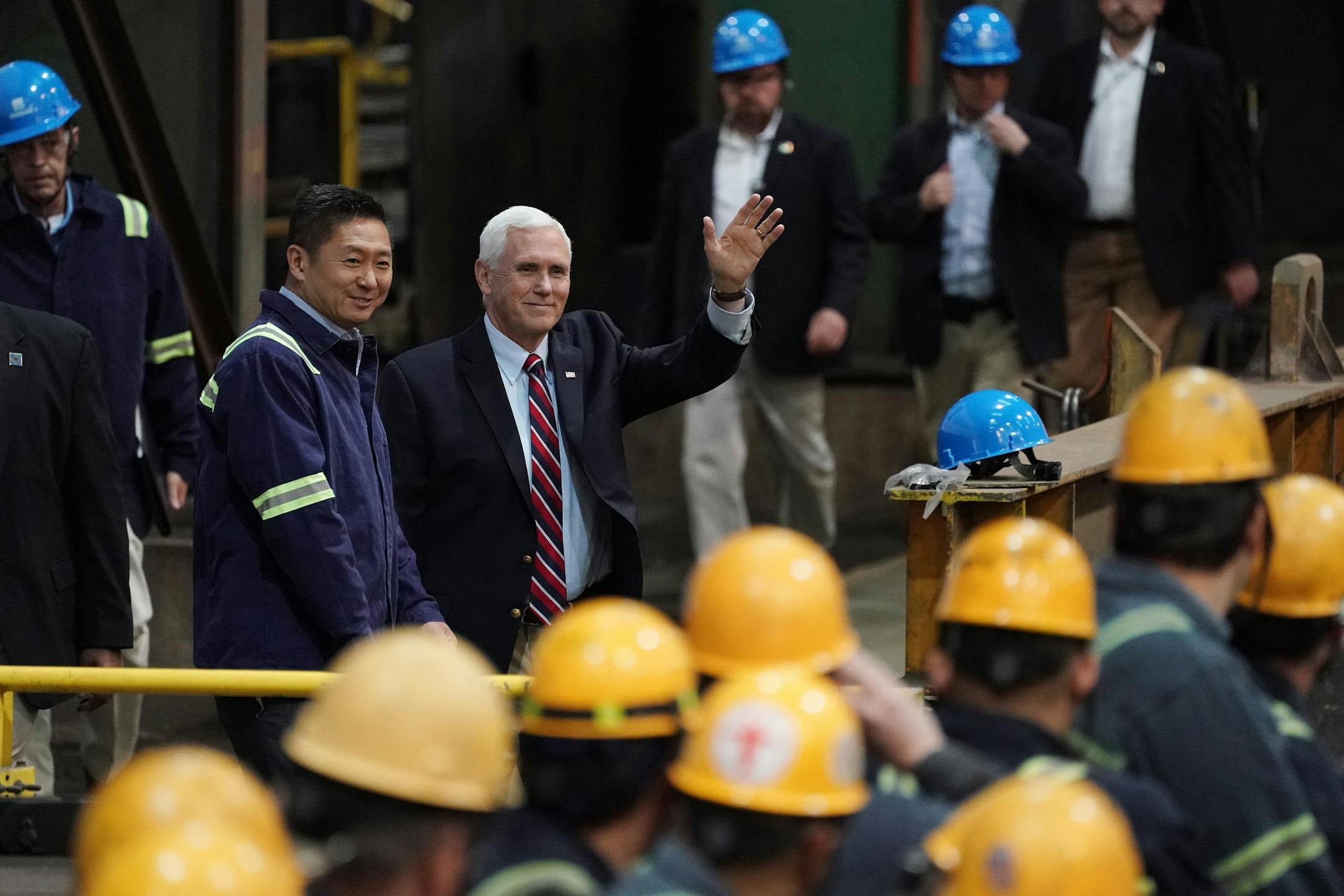 Vice President Mike Pence arrived to give a speech urging support for President Donald Trump's proposed replacement for the North American Free Trade Agreement at Gerdau Ameristeel Thursday.