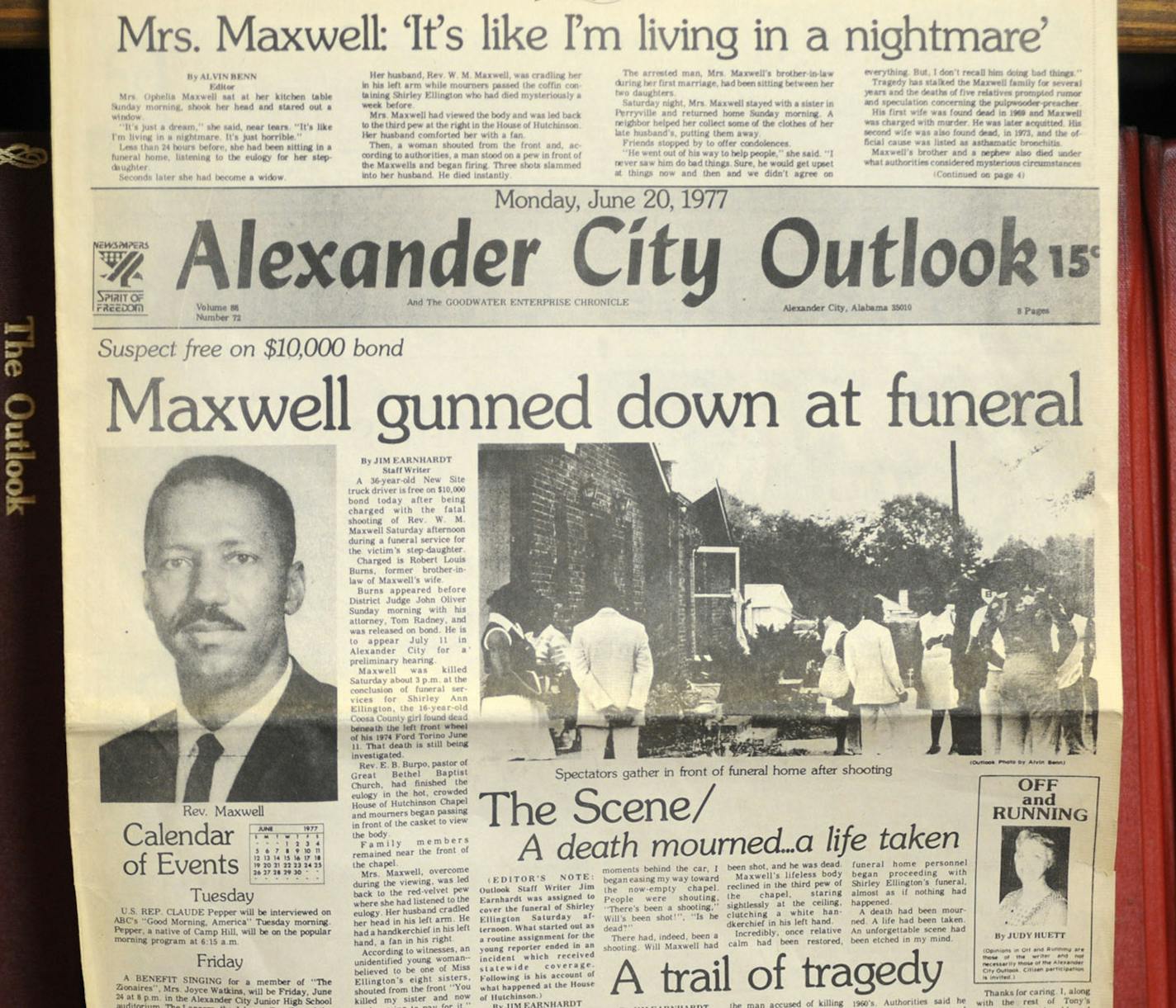 This photograph taken Thursday, Aug. 27, 2015, in Alexander City, Ala., shows the front page of the town newspaper following the slaying of Willie Maxwell in 1977. "To Kill a Mockingbird" author Harper Lee researched his slaying and a string of other killings, but no book was ever published. Robert Burns, who shot and killed Maxwell but was later acquitted by reason of insanity, met with Lee twice to discuss the case. (AP Photo/Jay Reeves)