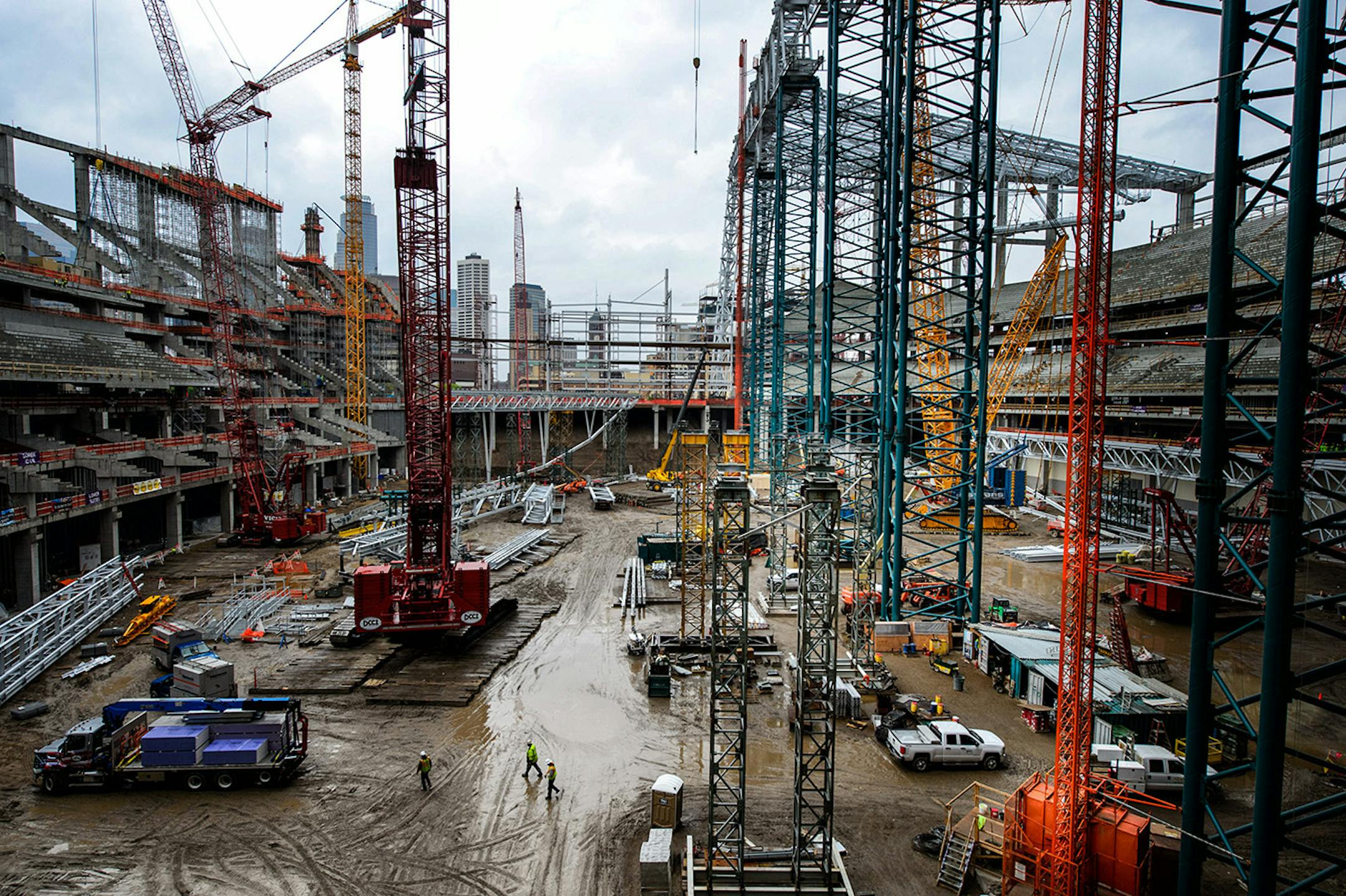 The new Vikings stadium led screen will be mounted on the frame in the center of the photo. Thursday, May 14, 2015 Construction update of the new Vikings stadium, Minneapolis, MN