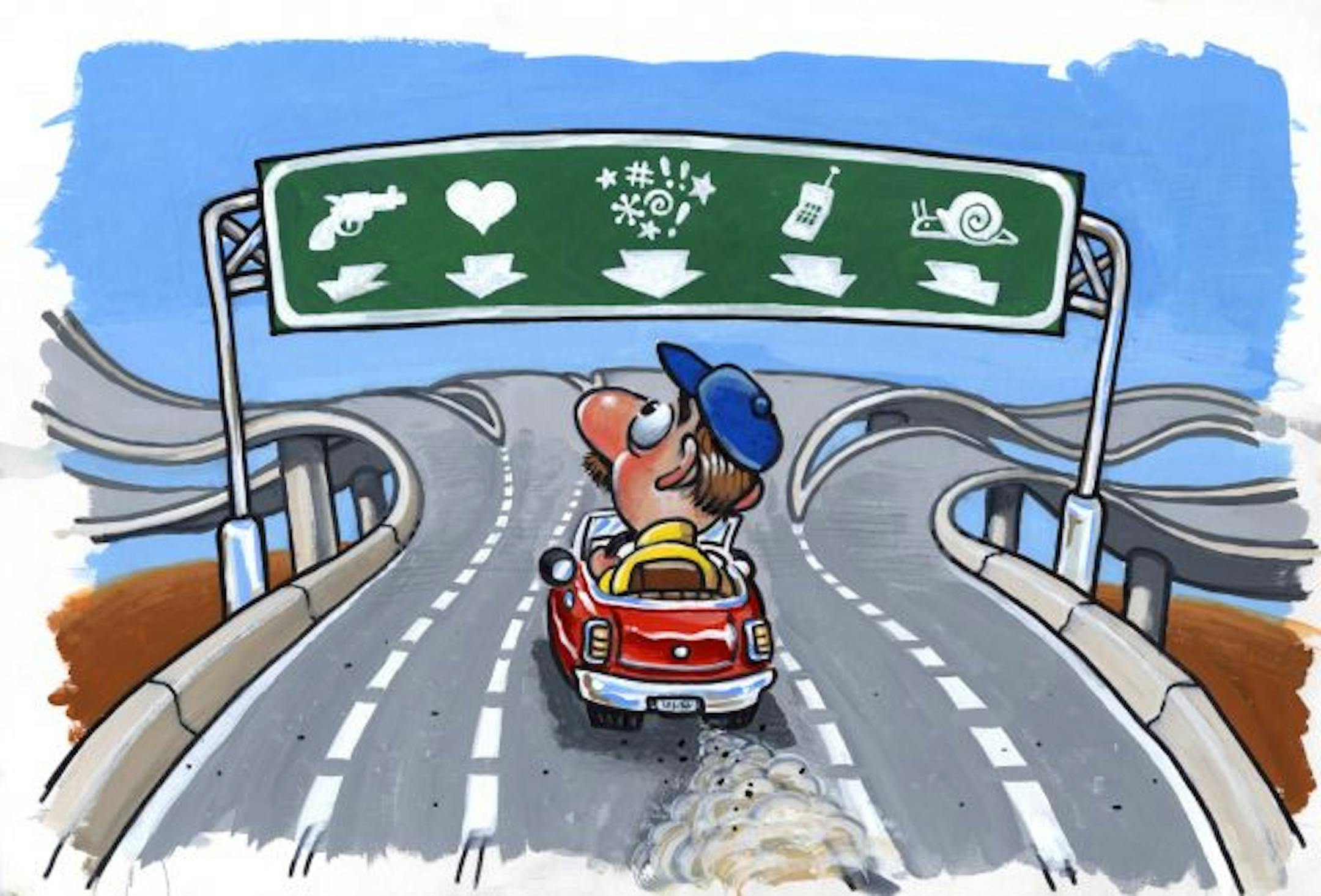 Illustration by Star Tribune editorial artist Steve Sack -- traffic lanes, road signs, highway signs, this lane for guns, this lane for love, this one for violence, this way for cell phones, snail or slow-moving traffic, and so on. -- Population, the many varieties of people, etc.