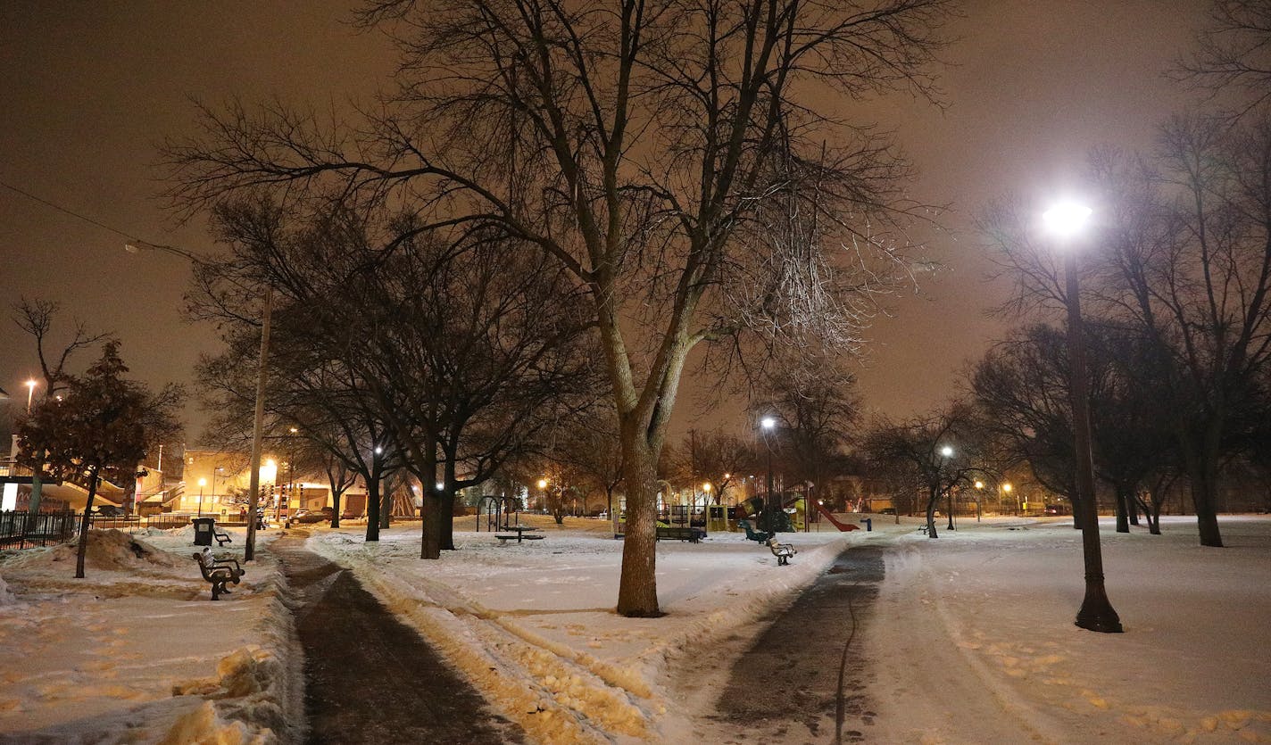 The moon and street lamp illuminated Cedar Field Park, an area residents of Little Earth say is frequented by heroin dealers. ] ANTHONY SOUFFLE &#x2022; anthony.souffle@startribune.com The moon illuminates the sky over the Little Earth Housing and Urban Development-subsidized housing complex where residents have complained for months that after dark their community is overrun with dealers peddling heroin and other drugs, and their customers Friday, Dec. 23, 2016 in Minneapolis. Overdoses have sk