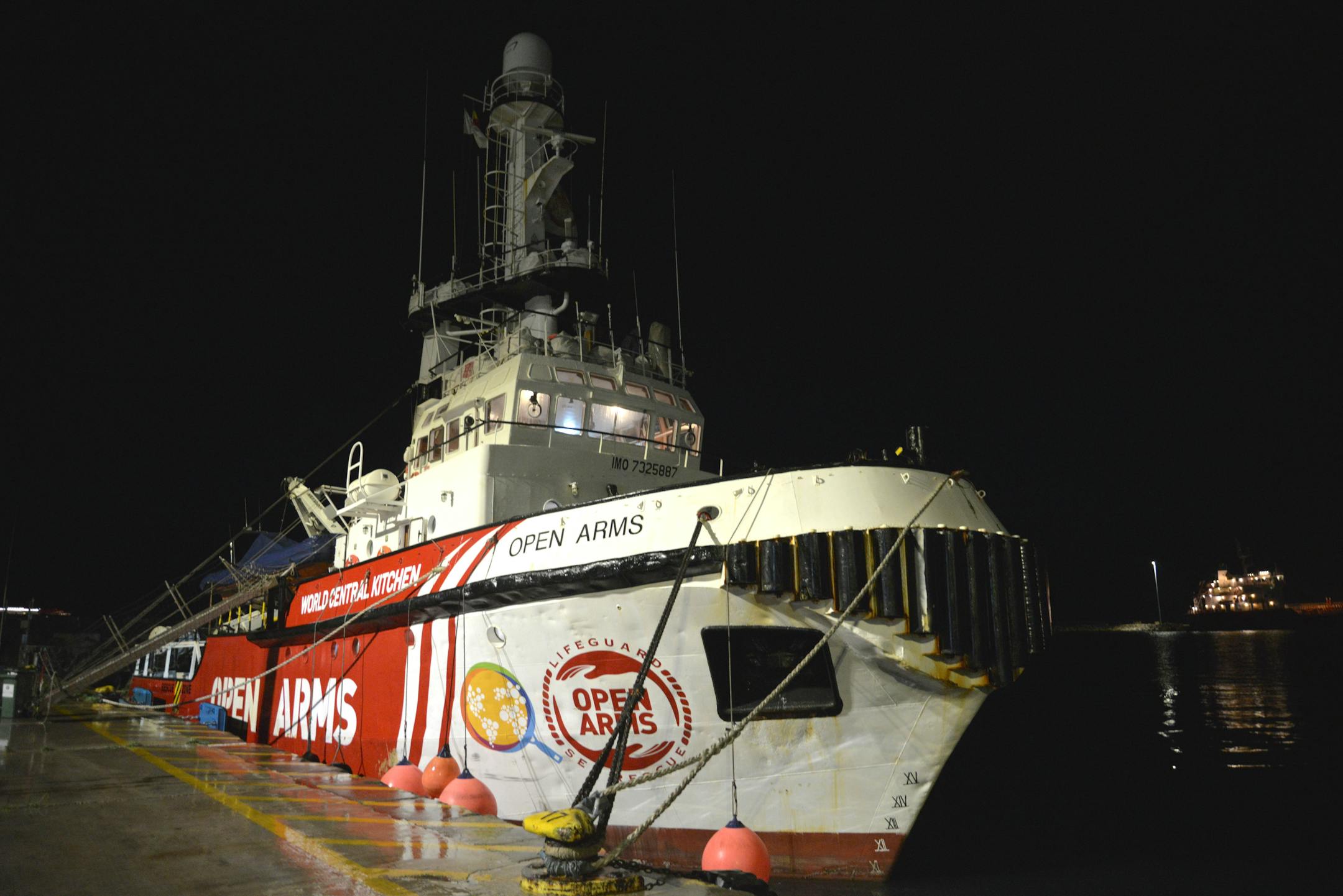The ship belonging to the Open Arms aid group is seen docked as it prepares to ferry some 200 tonnes of rice and flour directly to Gaza, at Larnaca harbor, Cyprus, on Friday, March 8, 2024.
