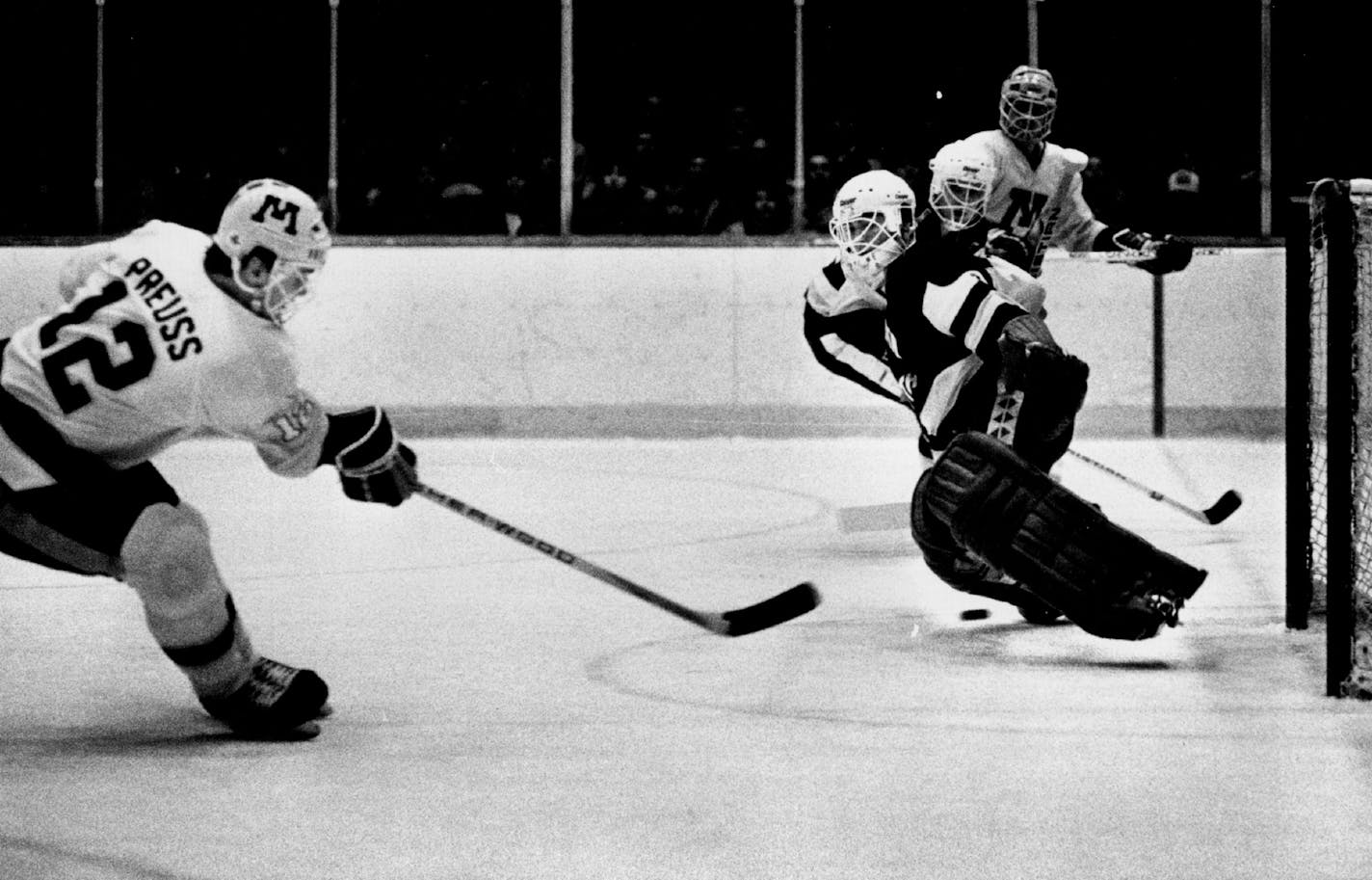 January 7, 1984 Dave Preuss of the Gophers scored a goal Friday night in a WCHA game against the University of Minnesota-Duluth. January 6, 1984 Tom Sweeney, Minneapolis Star Tribune