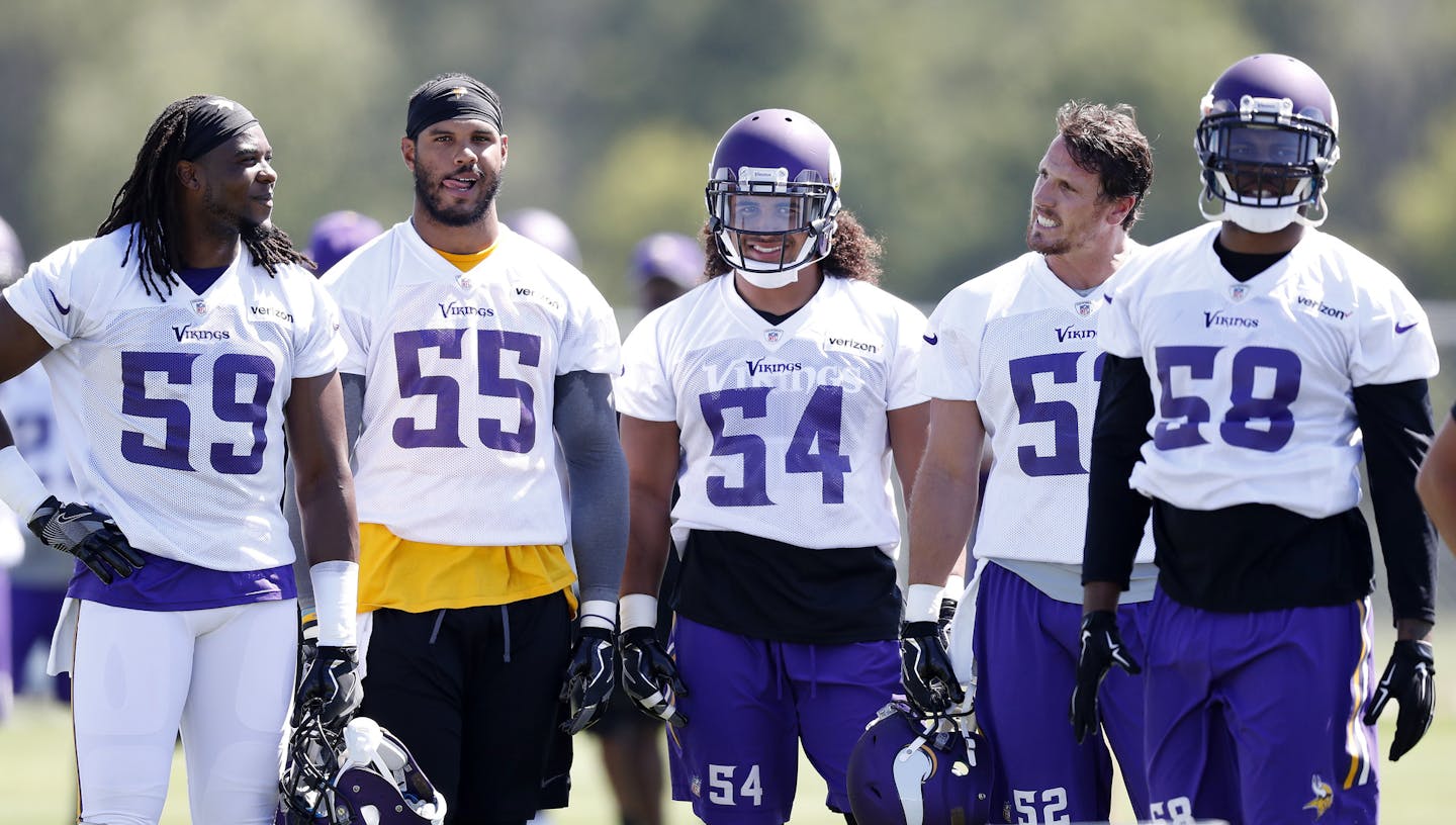 Minnesota Vikings linebackers Emmanuel Lamur (59) Anthony Barr (55) Eric Kendricks (54) Chad Greenway (52) and Brandon Watts (58). ] CARLOS GONZALEZ cgonzalez@startribune.com - July 29, 2016, Mankato, MN, Minnesota State University, Mankato, Minnesota Vikings Training Camp