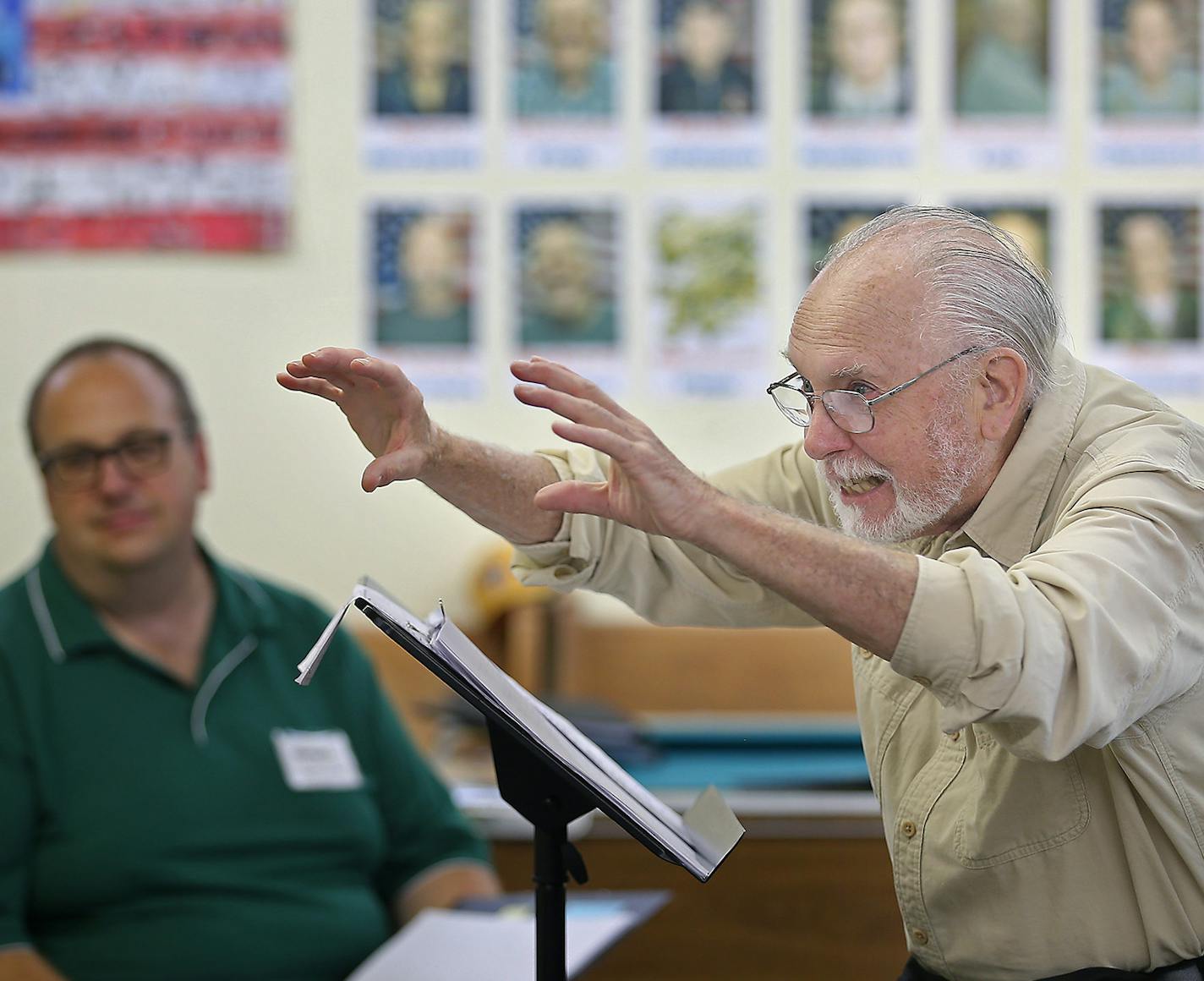 Playwright J.B. Eckert directed the cast of the play "Pirates of Harrison Bay," that will be performed for the Old Log Theatre, Thursday, September 24, 2015 in Mound, MN. The cast is made up entirely of people with memory issues, dementia or Alzheimer's from the Sojourn Adult Day Services center. ] (ELIZABETH FLORES/STAR TRIBUNE) ELIZABETH FLORES &#x2022; eflores@startribune.com