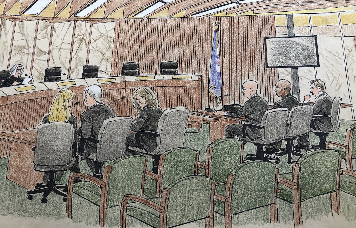 This courtroom sketch depicts jury selection Monday in Minneapolis in the trial of former Minneapolis police officer Mohamed Noor, second from right.