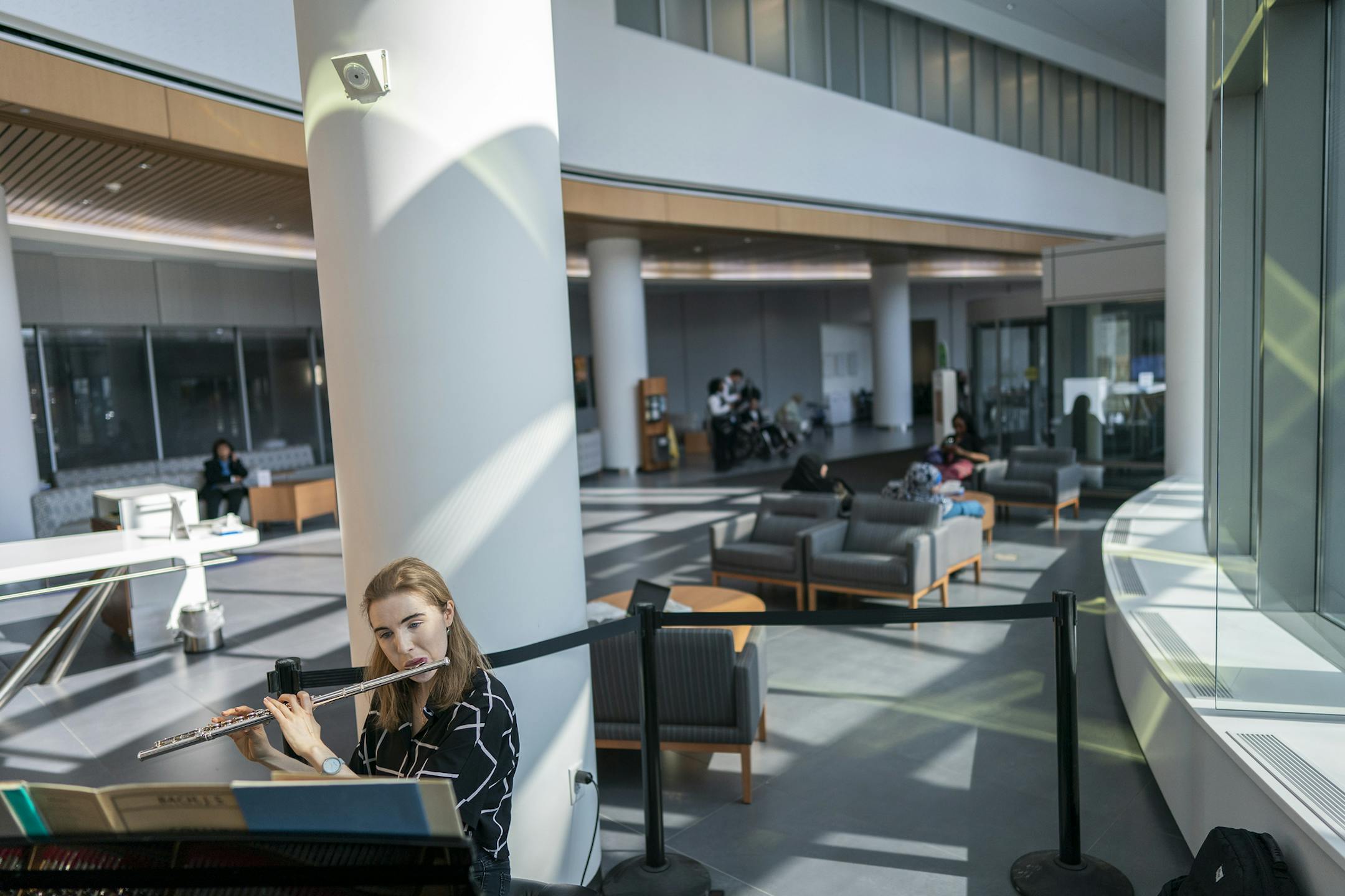 Megan Reich performs in the lobby of the University of Minnesota Health Clinics and Surgery Center.