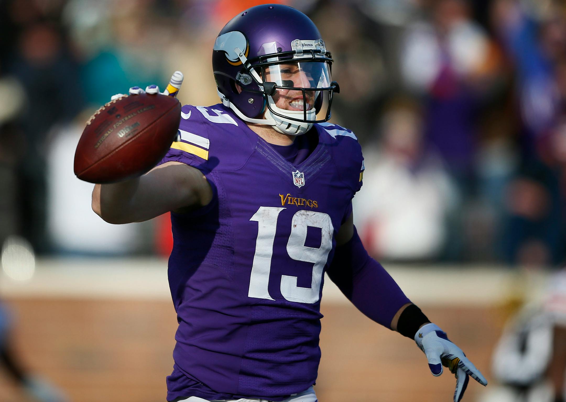 Minnesota Vikings wide receiver Adam Thielen (19) celebrated his third quarter touchdown catch at TCF Bank Stadium on Sunday December 28, 2014 against the Chicago Bears.