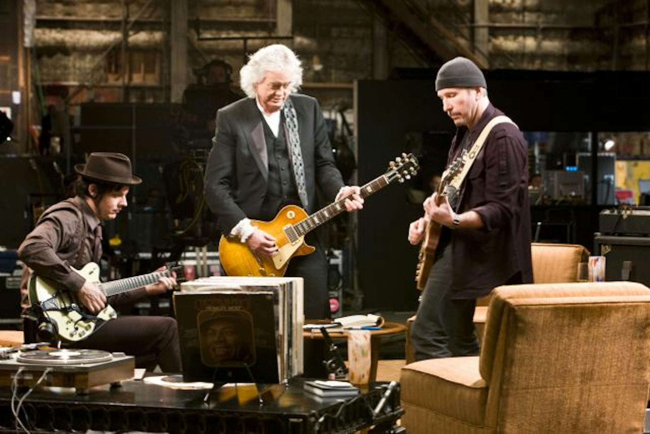 Left to Right: Jack White, Jimmy Page, The Edge in "It Might Get Loud."Photo taken by Eric Lee, 2008, Courtesy of Sony Pictures Classics.