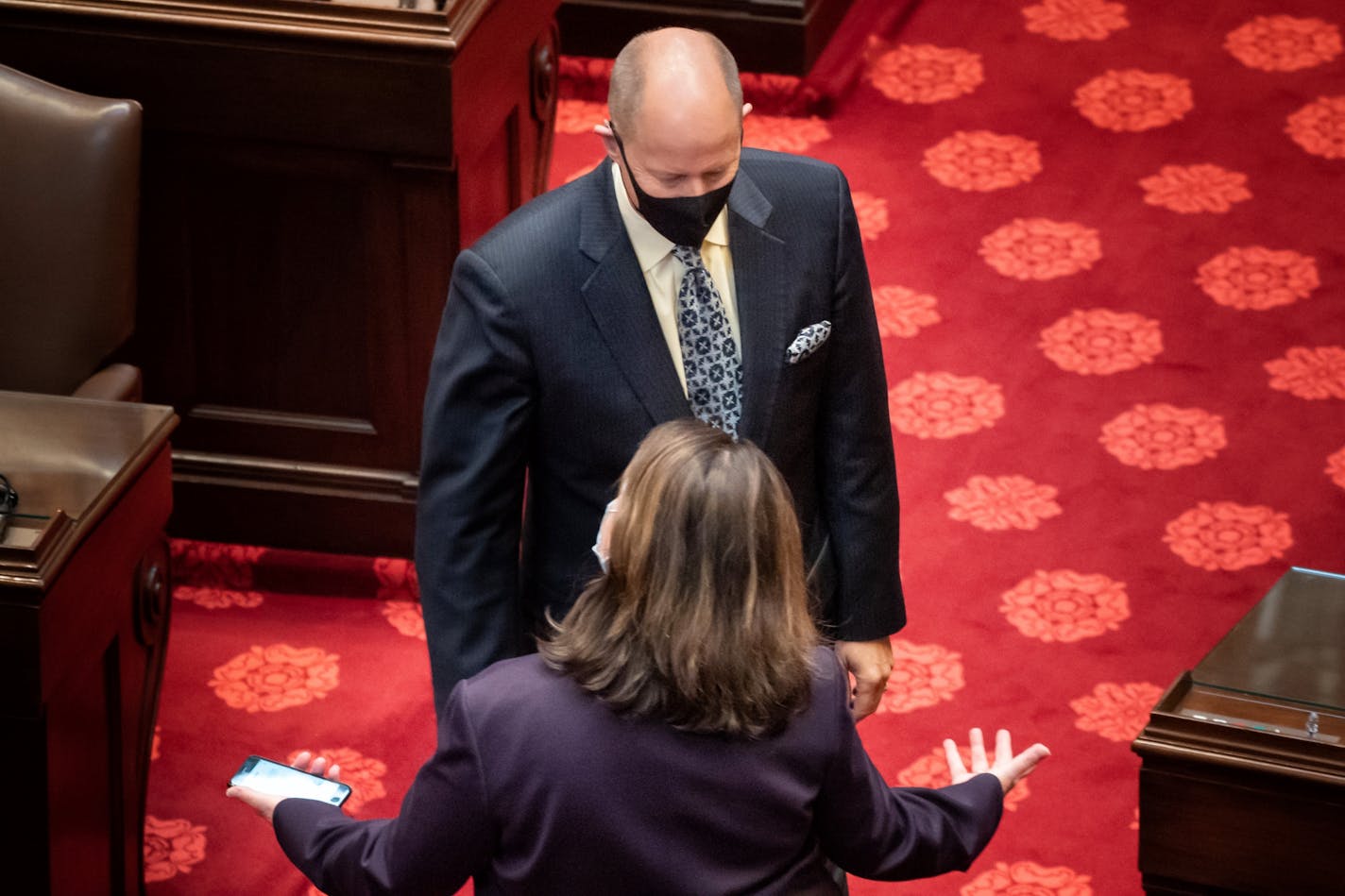 Senate Majority Leader Paul Gazelka, R-East Gull Lake, talked with Senate Minority Leader Susan Kent, DFL-Woodbury, on Oct. 15. On Sunday Kent said Republican caucus members have "engaged in high-risk behaviors" under Gazelka's leadership.