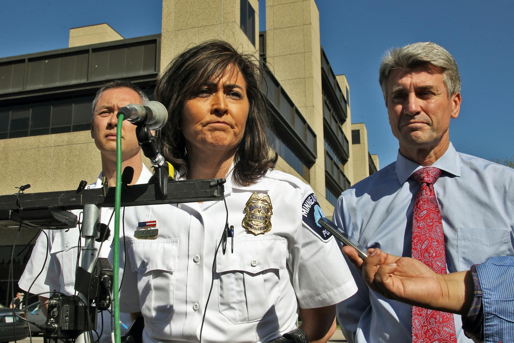 Activities at Hennepin County Medical Center after two Minneapolis policemen shot. Officials briefed the press on the shootings. John Stiles, state communications officer, Janee Harteau, Minneapolis Chief of Police, R.T. Rybak, Minneapolis mayor, left to right. (MARLIN LEVISON/STARTRIBUNE(mlevison@startribune.com