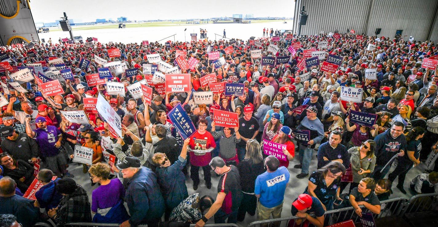 Crowds filled the Sun Country hangar at Minneapolis-St. Paul airport waiting for Donald Trump's arrival for a campaign stop Nov. 6.