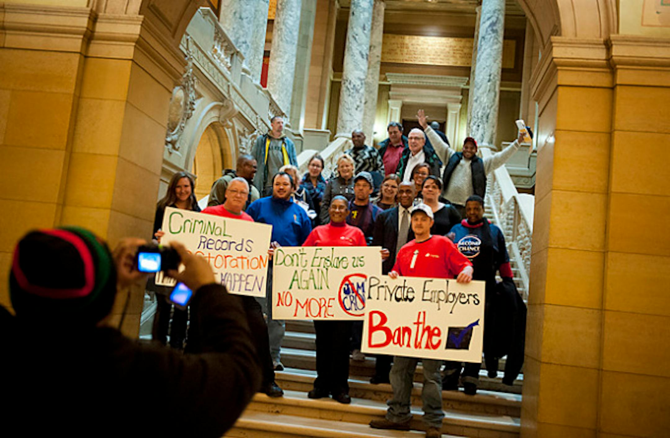 Second Day on the Hill day rallyers posed for a photo   Wednesday, January 16, 2013. at the Capitol.  The group wants to raise awareness of the barriers to employment facing people with criminal records.  After the rally they spread out, hoping to meet individually with legislators.    ]   GLEN STUBBE * gstubbe@startribune.com