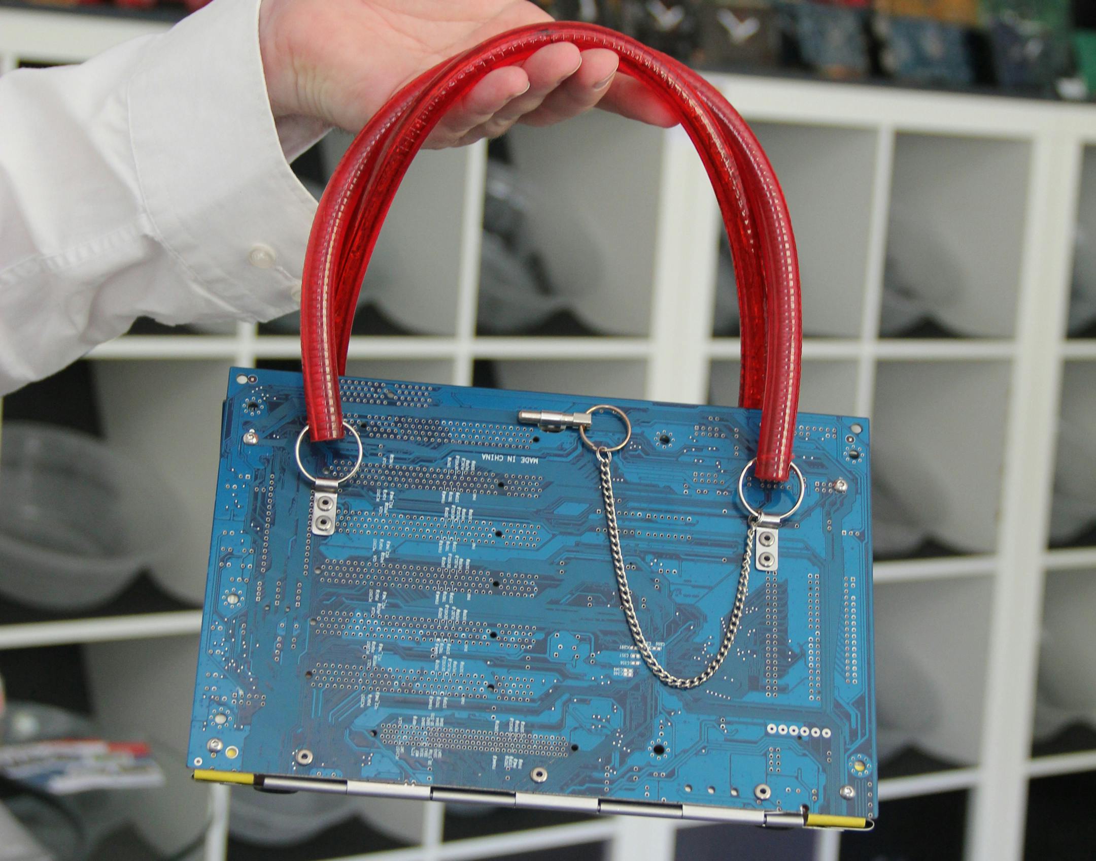 A purse made out of recycled materials at the Trash Design Manufaktur.