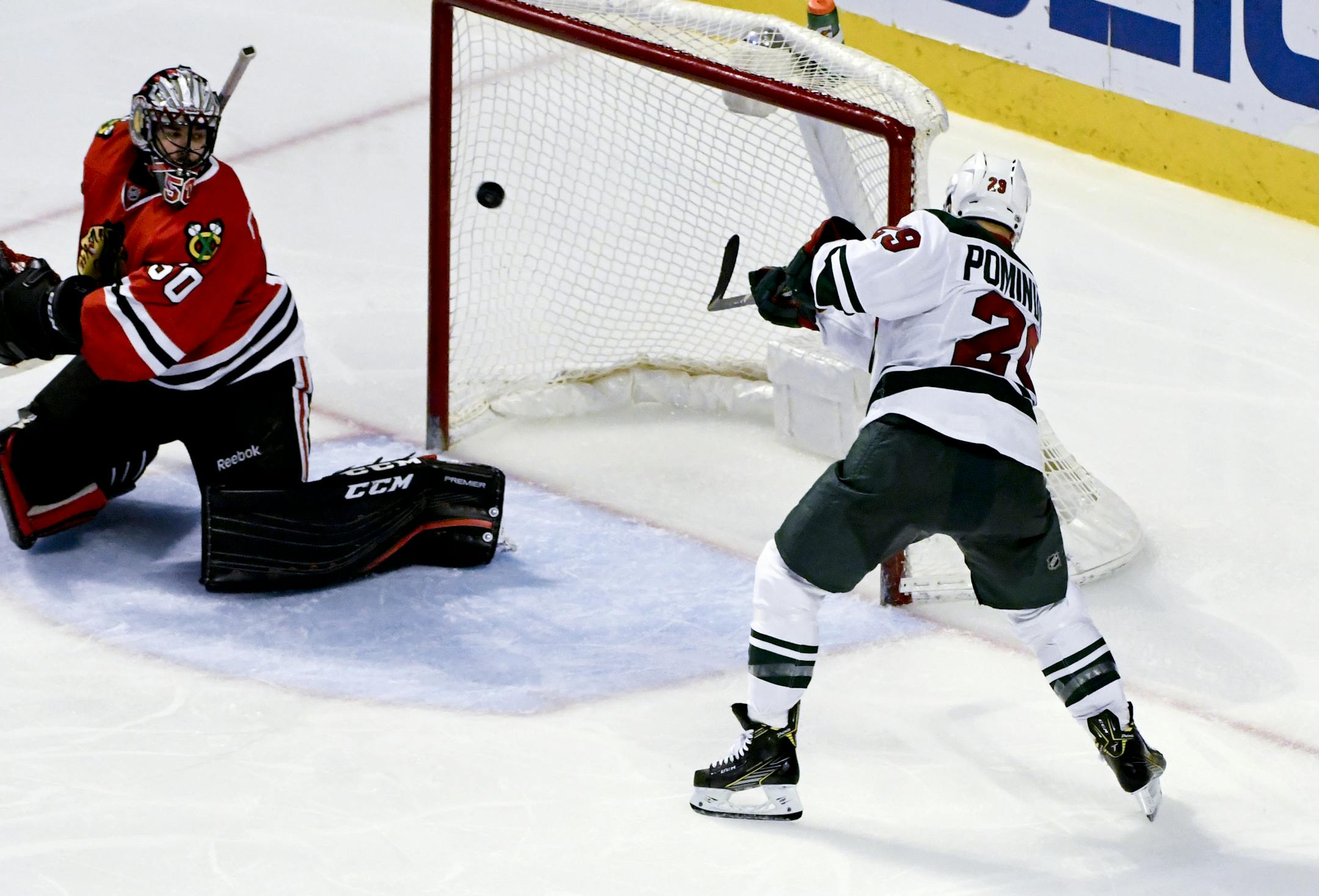 Wild right winger Jason Pominville slipped a rebound past Blackhawks goalie Corey Crawford for the game-winning goal during the third period of the Wild's 3-2 victory Sunday.
