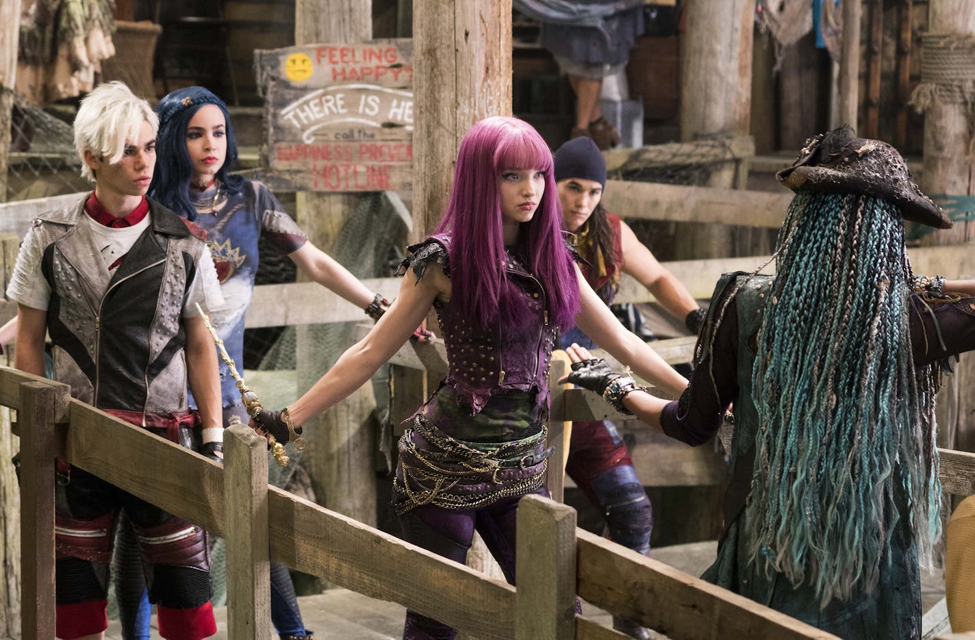 Cameron Boyce, Sofia Carson, Dove Cameron and Booboo Stewart in the Disney Channel film "Descendants 2." (David Bukach/Disney Channel) ORG XMIT: 1206302