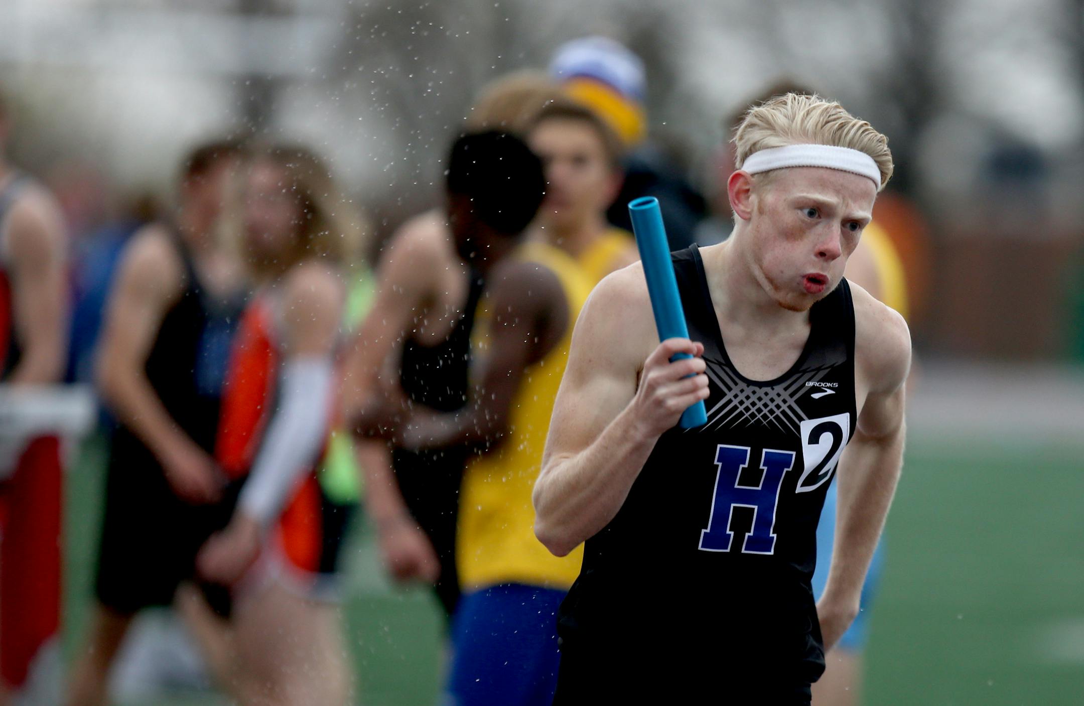 Hopkins Jack Henschel motored around the track as the anchor during the 4x800 meter relay. ] (KYNDELL HARKNESS/STAR TRIBUNE) kyndell.harkness@startribune.com Elite Meet track meet, Hamline University in St. Paul Min., Tuesday, April 24, 2015.