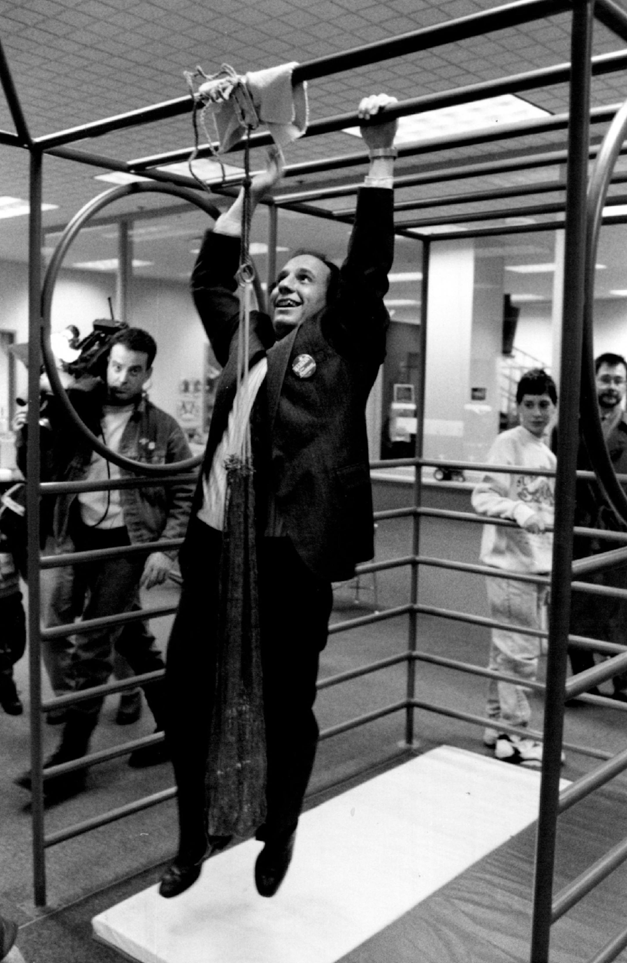 March 3, 1992: Paul Wellstone monkeys around during an appearance by Democratic presidential candidate Senator Tom Harkin at the Rondo Education Center in St. Paul.