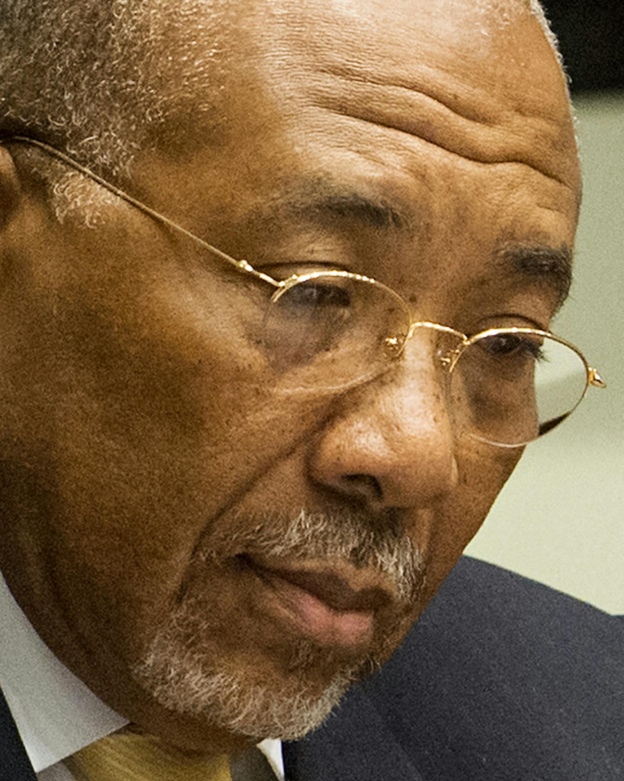 Former Liberian President Charles Taylor waits for the start of his appeal judgement at the Special Court for Sierra Leone (SCSL) in Leidschendam, near The Hague, Netherlands, Thursday Sept. 26, 2013. Judges at a U.N.-backed tribunual are delivering their judgment in Taylor's appeal against his convictions and 50-year sentence for planning and aiding atrocities by rebels in Sierra LeoneÇƒÙs bloody civil war. Taylor, 65, became the first former head of state convicted by an intern