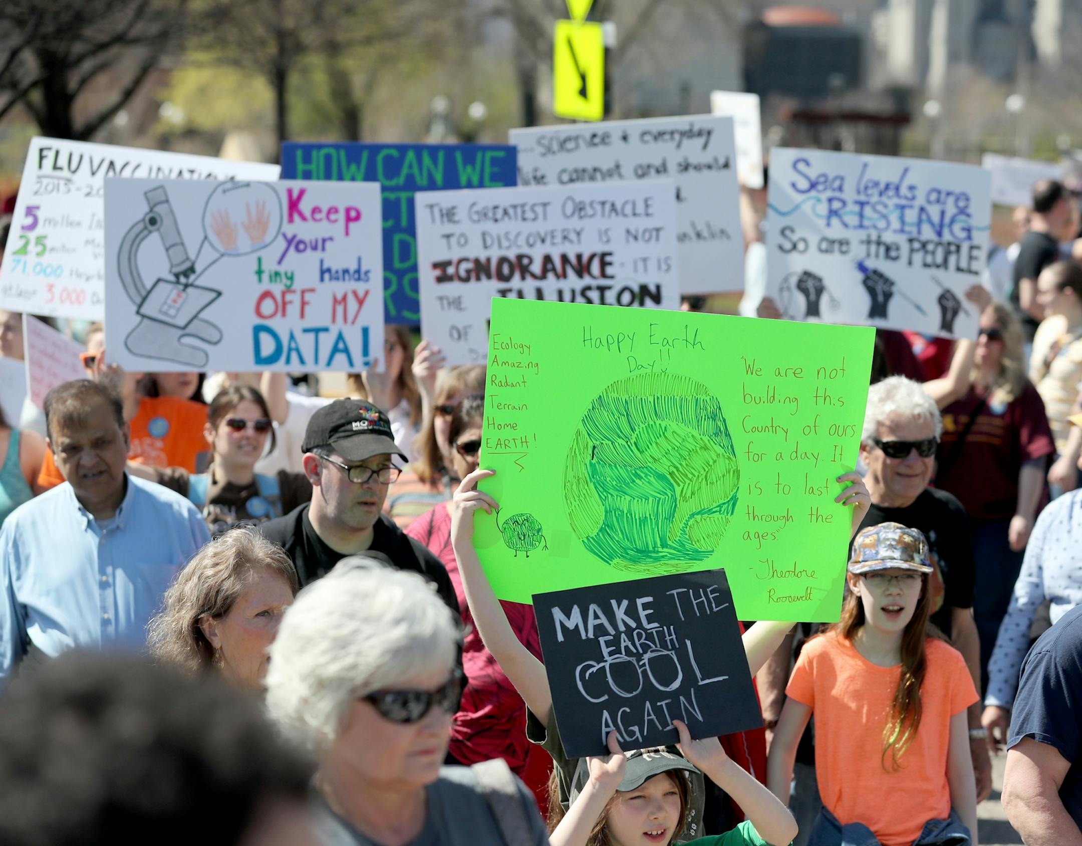 March for Science moved from the start at Cathedral Hill Park to State Capitol, with an estimated 10,000 or more joining to champion the role of science in American life. Here, science-themed signs clogged the path as people in the March for Science made their way to the State Capitol Mall Saturday, April 22, 2017, in St. Paul, MN.
