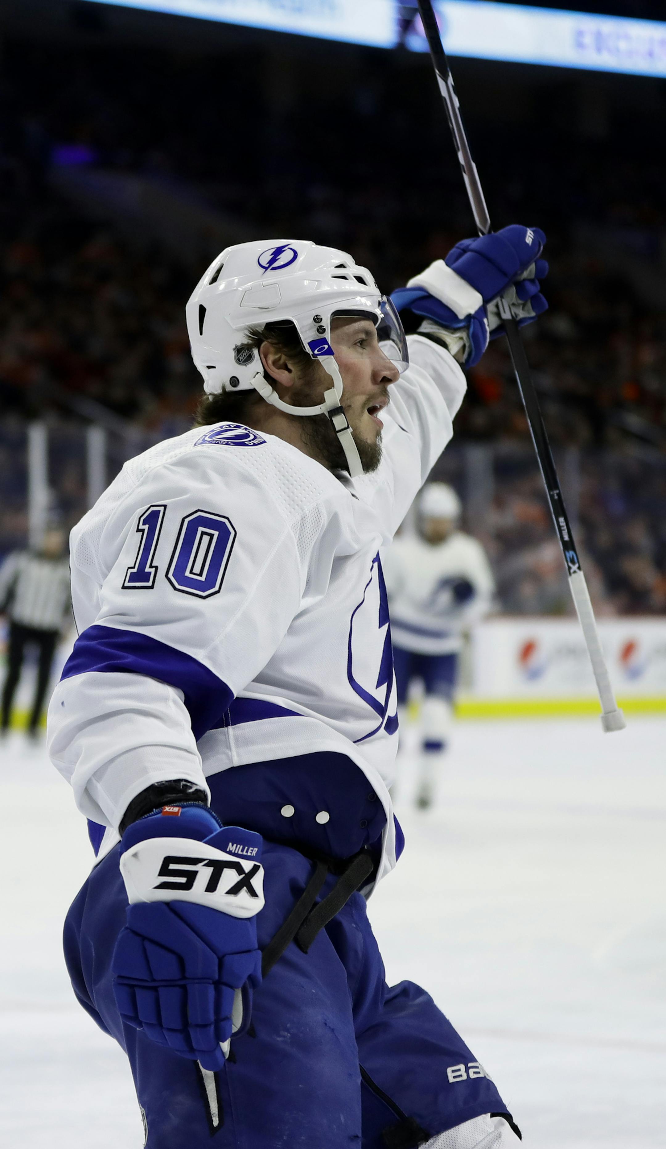 Tampa Bay Lightning's J.T. Miller celebrates his goal during the first period of an NHL hockey game against the Philadelphia Flyers, Tuesday, Feb. 19, 2019, in Philadelphia. Tampa Bay won 5-2. (AP Photo/Matt Slocum)