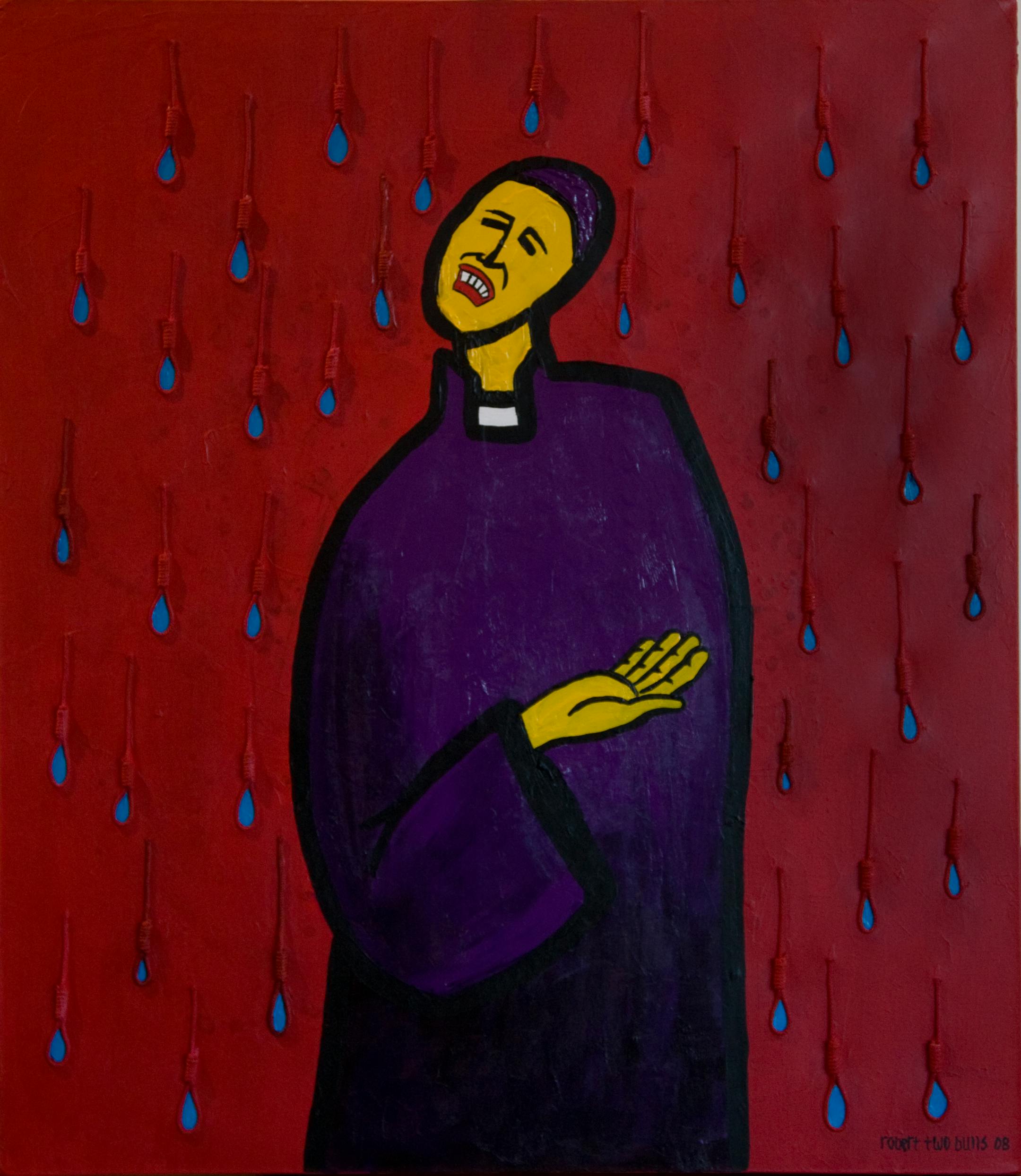 In his Pop-style image, "The 38 Tears of Bishop Whipple," Robert Two Bulls memorializes the minister's grief about the 38 Indians who were hanged in Mankato 146 years ago.