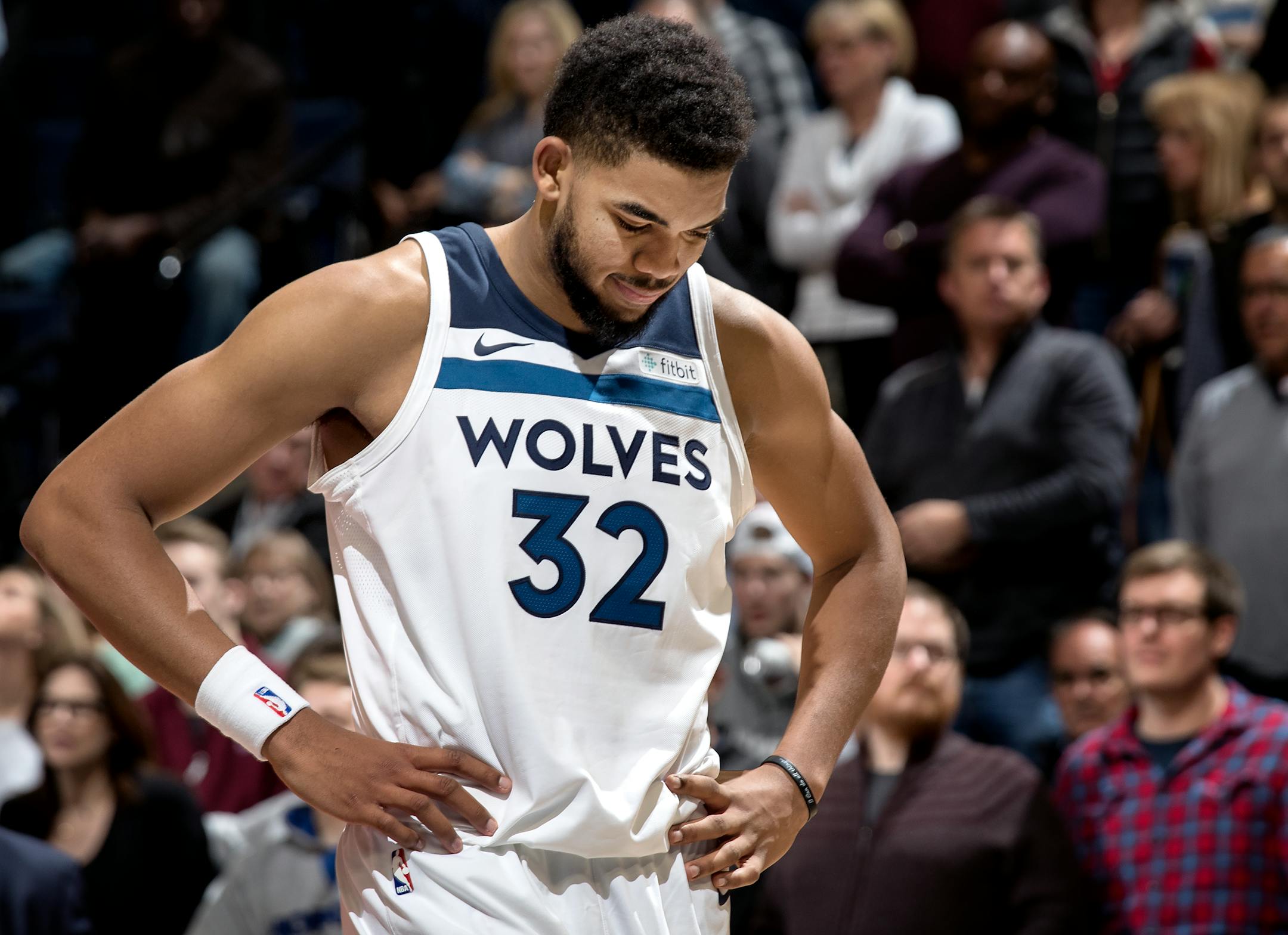 Karl-Anthony Towns walked off the court at the end of the game. Washington beat Minnesota by a final score of 92-89.