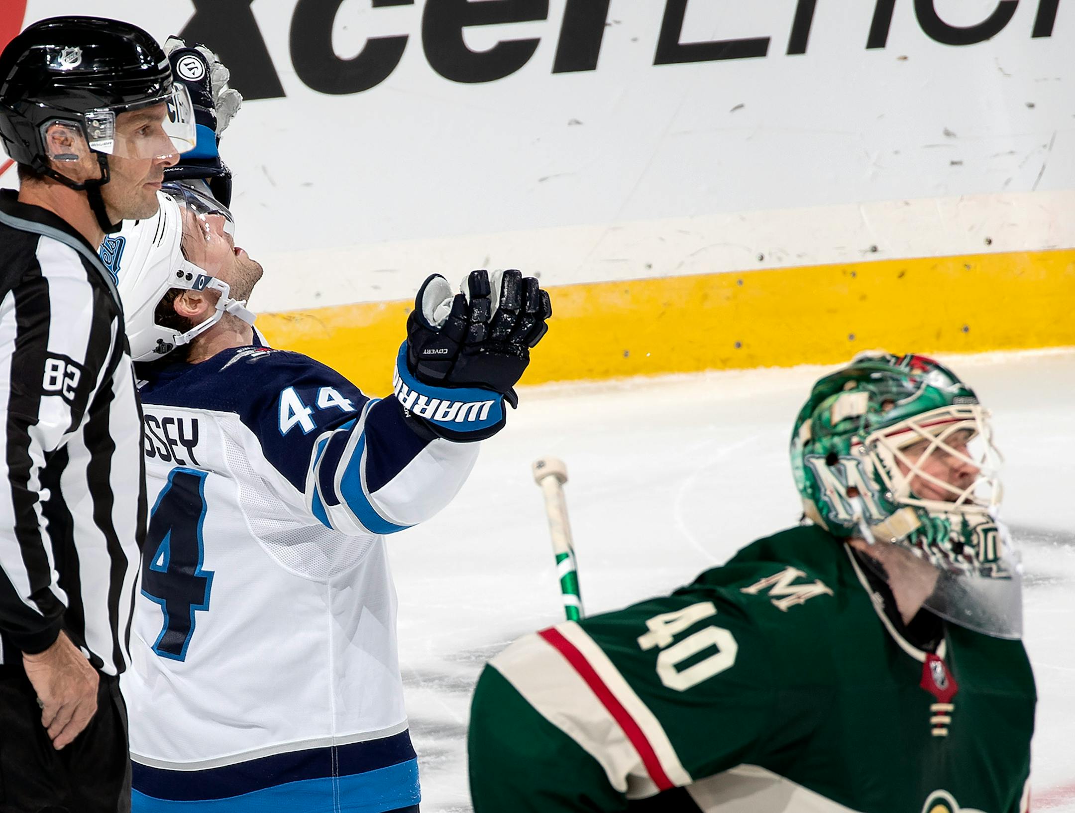 Josh Morrissey (44) of the Winnipeg Jets celebrated after he shot the puck past Minnesota Wild goalie Devan Dubnyk for the game winning goal in overtime. ] CARLOS GONZALEZ • cgonzalez@startribune.com – St. Paul, MN – September 29, 2019, Xcel Energy Center, NHL Pre Season Hockey, Minnesota Wild vs. Winnipeg Jets