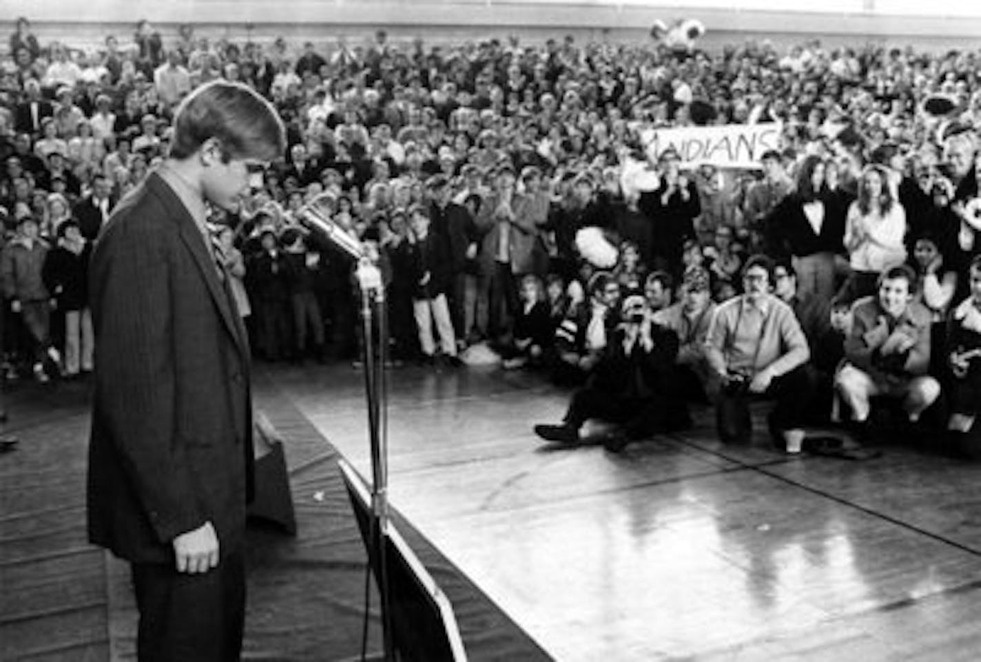 Goalie Brad Shelstad of Southwest's state high school hockey champions received a standing ovation for close to two minutes when introduced at the team's victory celebration Sunday at Southwest High School, Mar. 8, 1970. Minneapolis Tribune staff photo by John Croft.