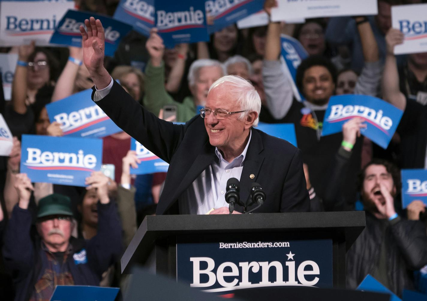 Bernies Sanders waved at the crowd at the end of a rally at Roy Wilkins Auditorium in St. Paul, on Monday, March 2, 2020. ] RENEE JONES SCHNEIDER &#xa5; renee.jones@startribune.com Sen. Bernie Sanders held a rally the day before Super Tuesday at Roy Wilkins Auditorium in St. Paul, Minn., on Monday, March 2, 2020.