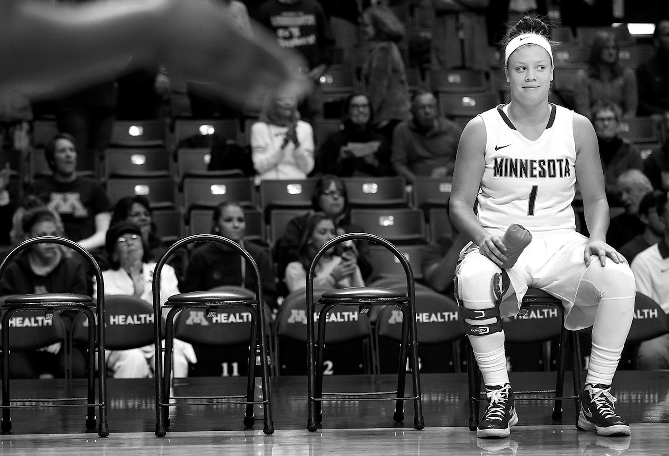 Rachel Banham waited to be called during team introductions before the first game of the season vs. Wofford on November 13, 2015. The game was the first for Banham after her season ending injury, which occurred December of 2014. Although the injury happened during her senior year Banham received a medical hardship waiver to return for 2015-16 season.