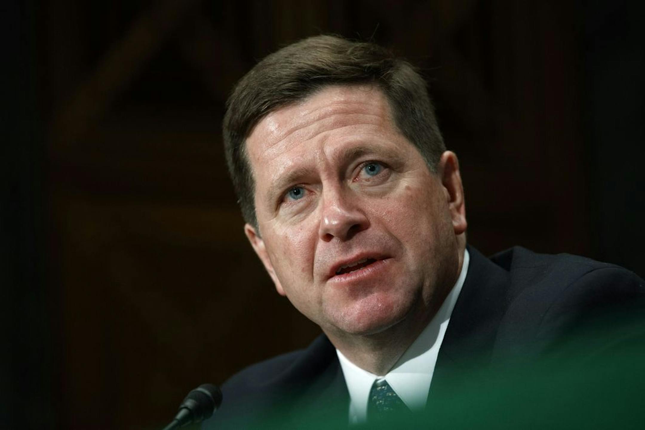 FILE - In this Dec. 10, 2019 file photo, Securities and Exchange Commission (SEC) Chairman Jay Clayton testifies to the Senate Committee on Banking, Housing, and Urban Affairs about oversight of the SEC, on Capitol Hill in Washington. Clayton, a former Wall Street lawyer who has headed the Securities and Exchange Commission as the financial markets' top regulator during the Trump administration, is leaving the position at year's end. Clayton's term runs through mid-2021.