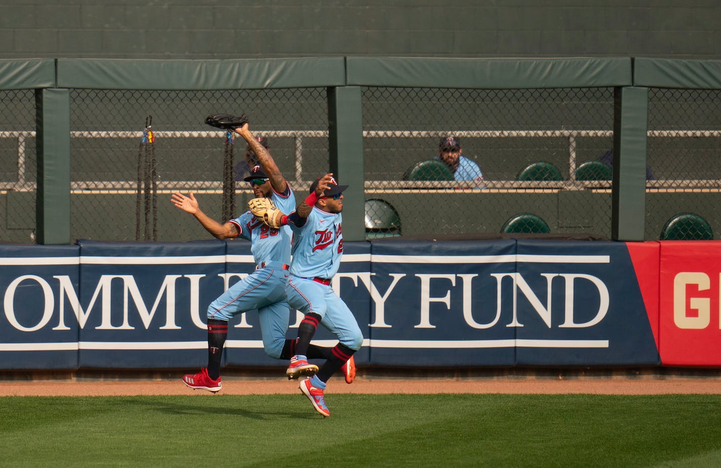 Twins left fielder Eddie Rosario's left hand hit teammate Byron Buxton as they were both vying for a fly ball