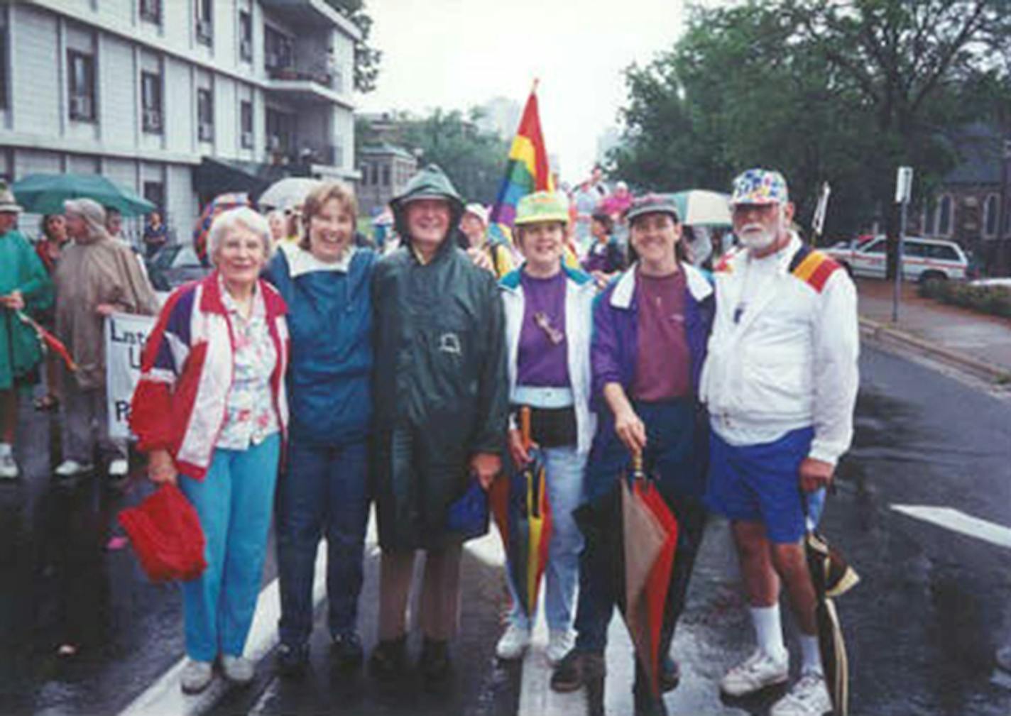 Left to right: Ferne Hoeft, Marjean Hoeft, Merlin Hoeft, Jill Vecoli, Lisa Vecoli and Rudi Vecoli at Twin Cities Pride.