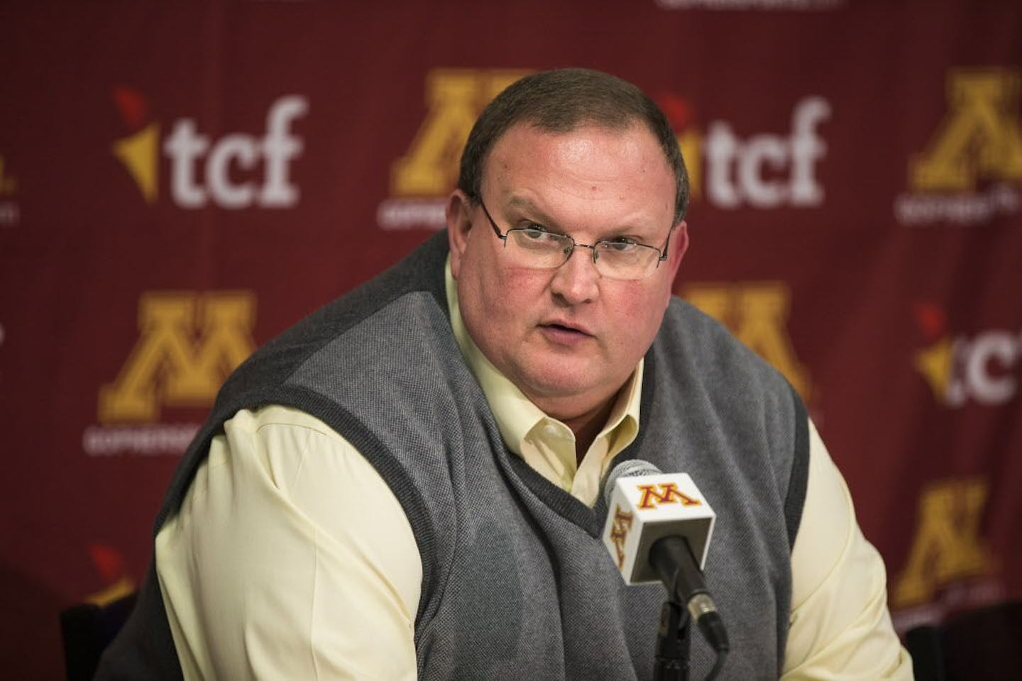 Minnesota football head coach Tracy Claeys speaks to the press about signing day at the University of Minnesota in Minneapolis on Wednesday, February 3, 2016.