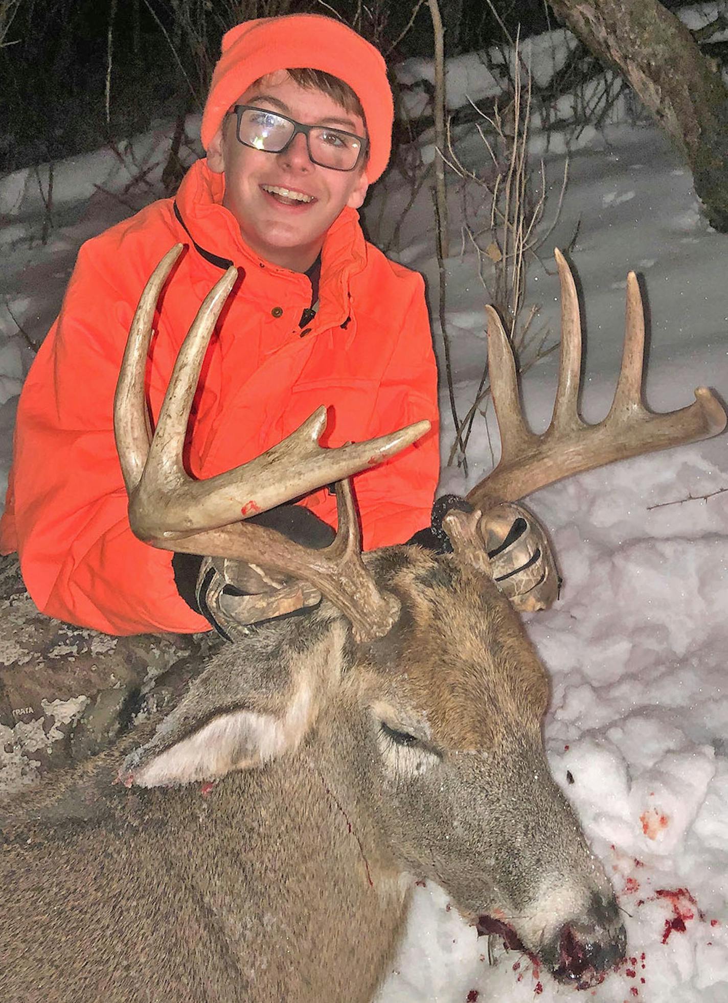 Dylan Boe, 13, of Ellsworth, Wisc., was muzzleloader hunting last Friday evening in a box blind with his grandfather, John Harrington, when he shot this dandy buck -- his second deer of the season in his first year of hunting. The two were on family land near El Paso, Wisc.