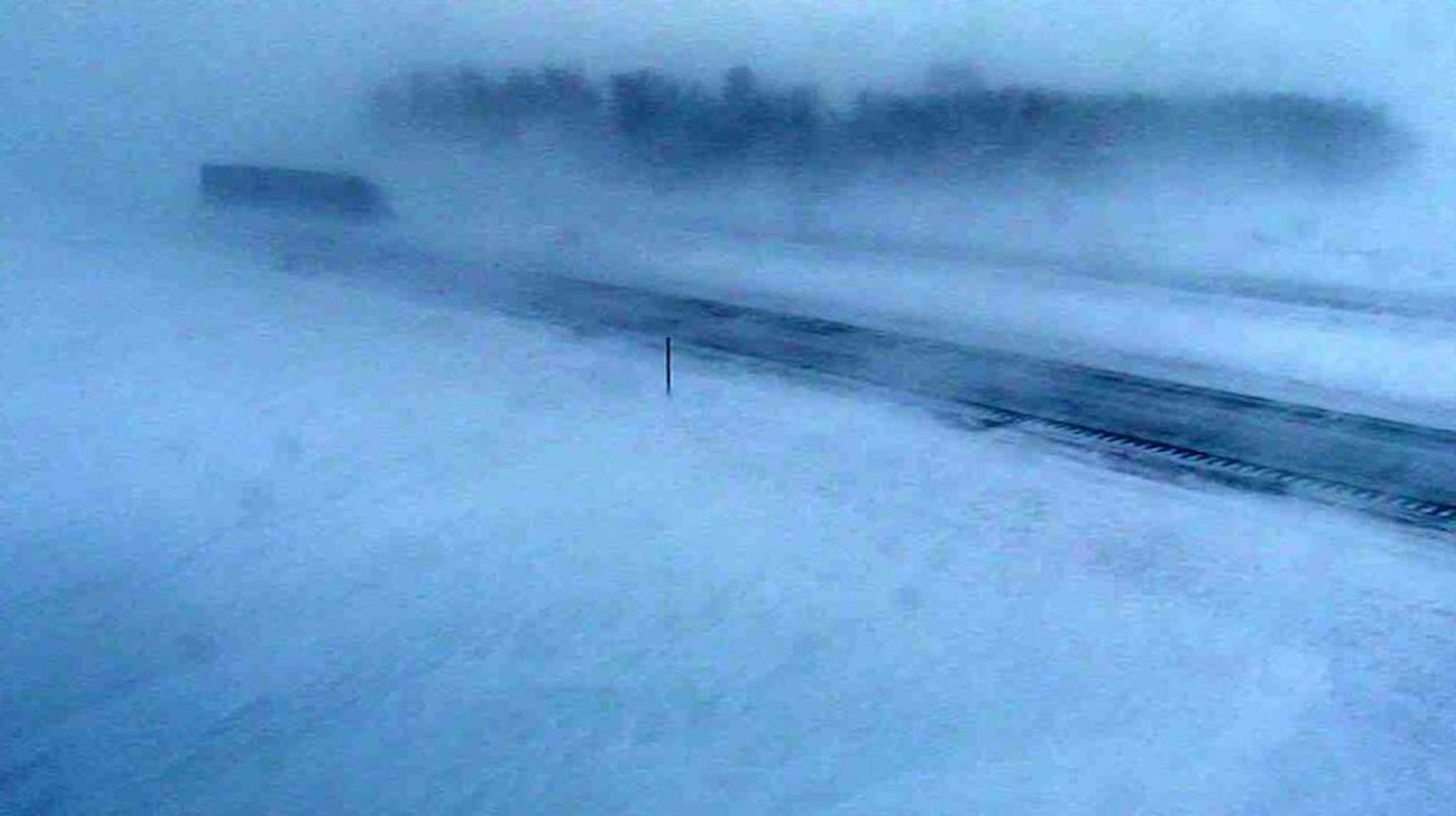 Blowing snow created near-whiteout conditions on I-90 near Lakefield, Minn., on Monday morning.